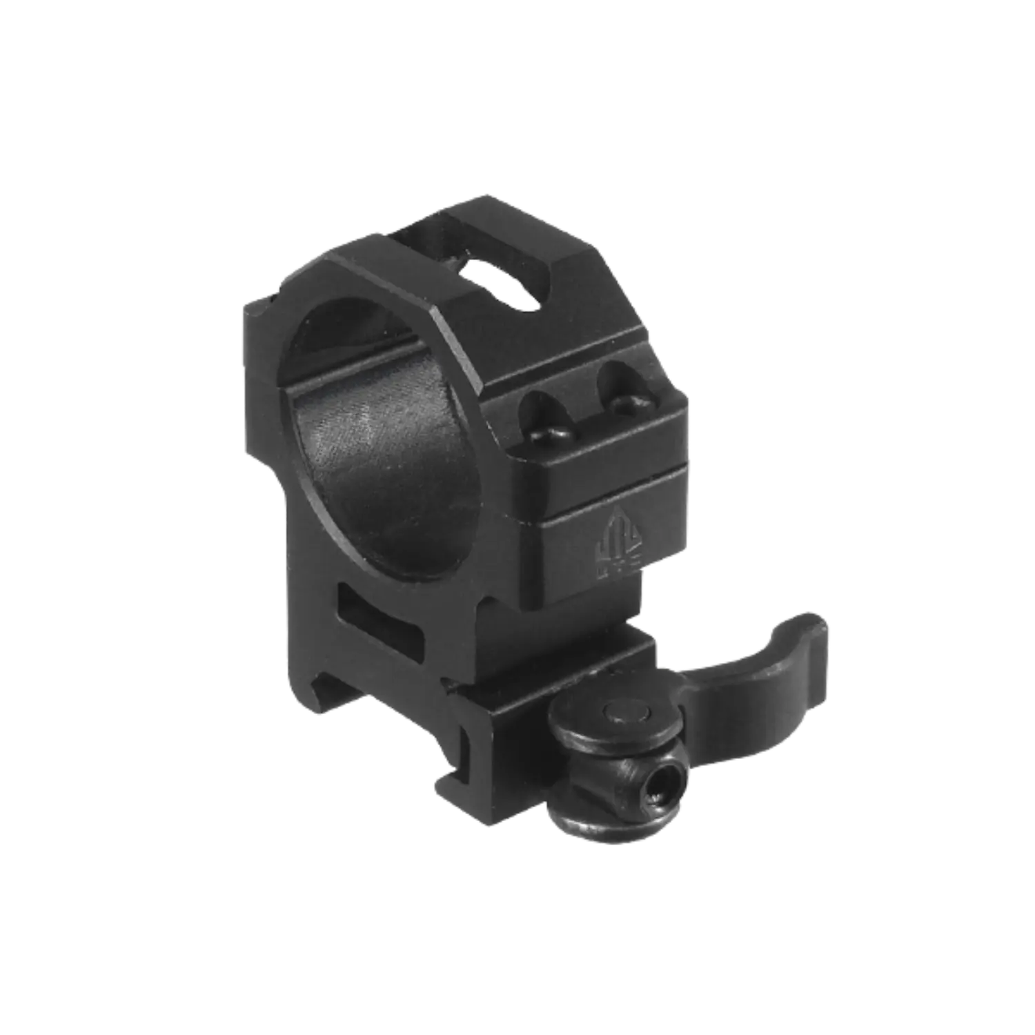 Schwarzes UTG 30-mm-Montagering-Schnellspannsystem aus Metall mit Hebel und Schraube zur Befestigung an einer Schiene.