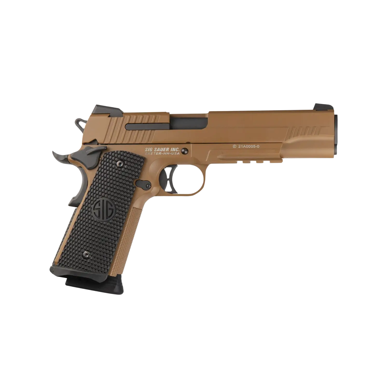 Braune CO2-Pistole SigSauer 1911 mit schwarzem Griff und SIG-Logo, Seitenansicht nach rechts.