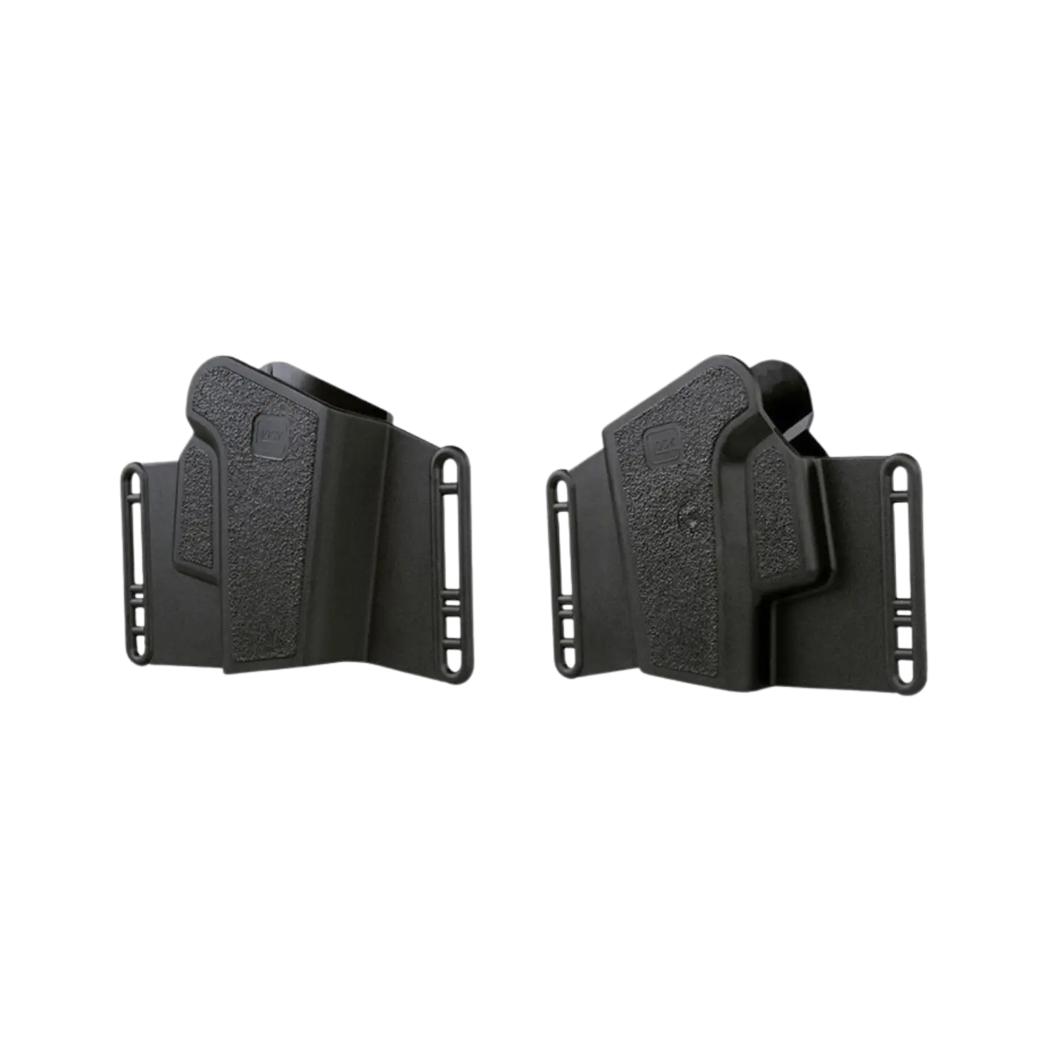 Zwei schwarze GLOCK Sport/Combat Holster, aus Kunststoff mit texturiertem Griffbereich, jeweils von der Seite gezeigt.