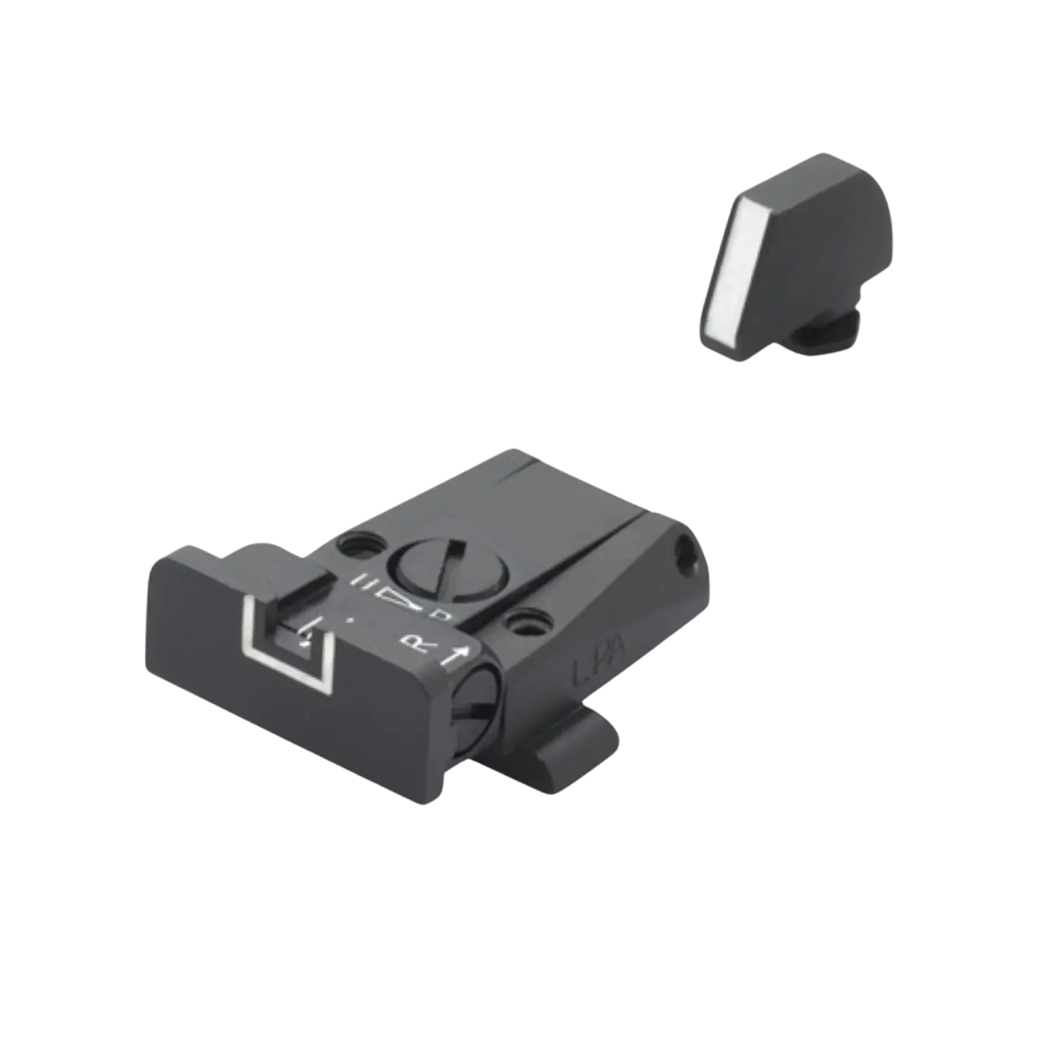 Glock Kimme, schwarz, mit verstellbarem Visier, Modellnummer sichtbar, daneben ein abnehmbarer Teil. 'LPA' auf der Seite.