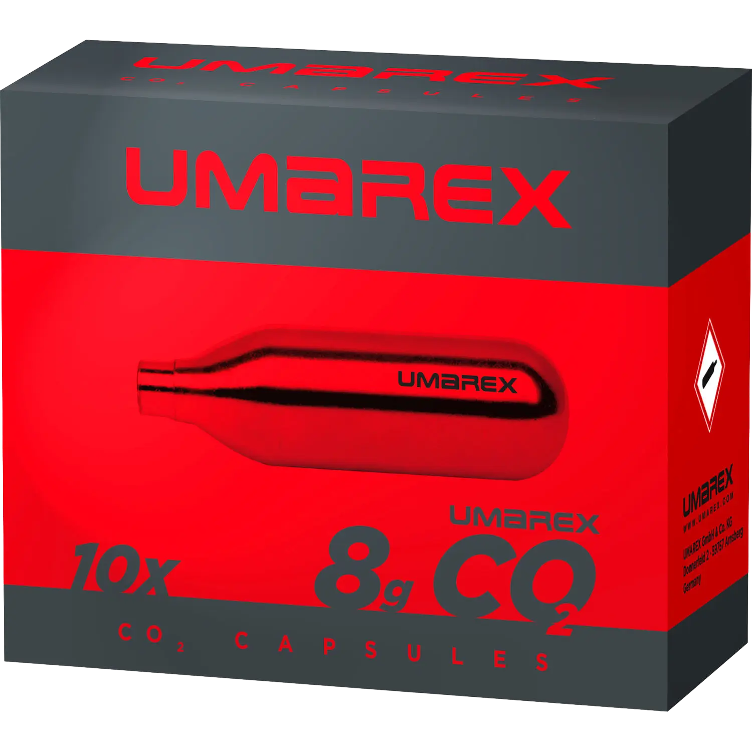 8g CO2 Kapseln 10 STK Verpackung mit rotem und grauem Design, zeigt eine CO2-Kapsel mit der Aufschrift 'UMAREX', Text '10x 8g CO2 CAPSULES' und ein Gefahrensymbol.