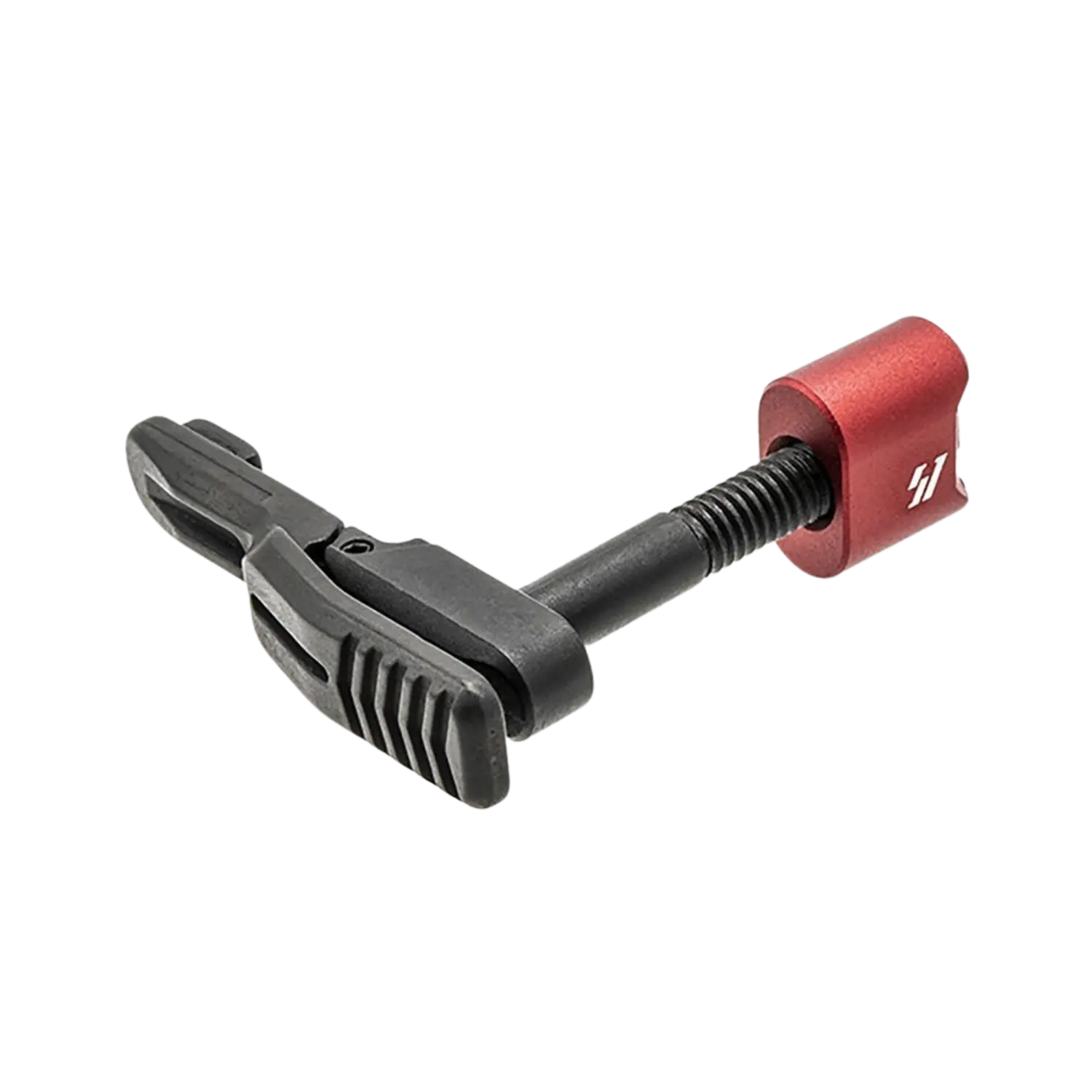 Beidseitig bedienbare Magazinentriegelung für AR-15 mit schwarzem Hebel und rotem Aluminiumgriff mit weißem Logo.