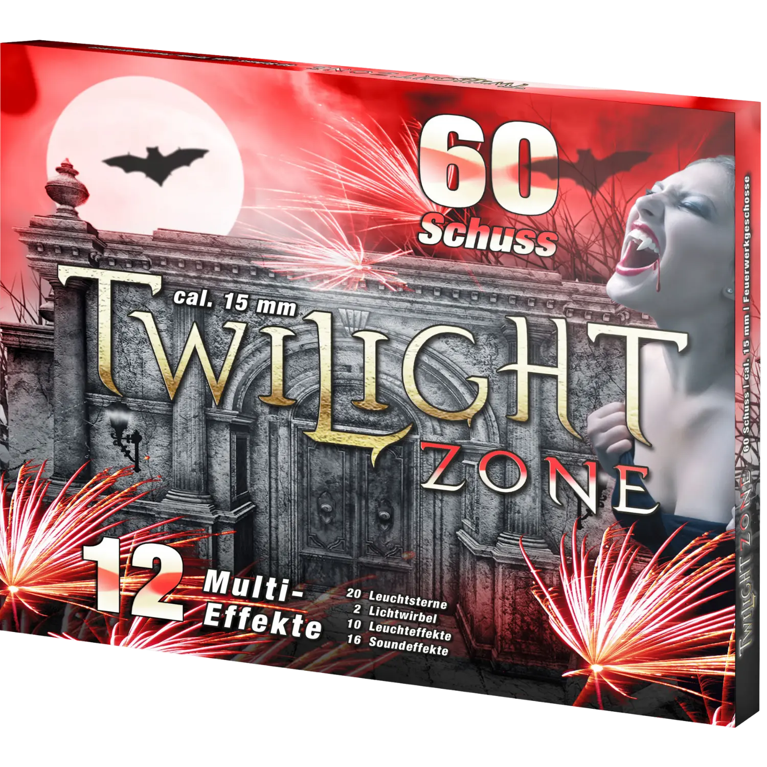 Verpackung mit Aufschrift 'Twilight Zone cal. 15 mm', zeigt ein altes Tor, Fledermaus vor Vollmond, Feuerwerkskörper mit roten Effekten und Text '60 Schuss', '12 Multi-Effekte'.