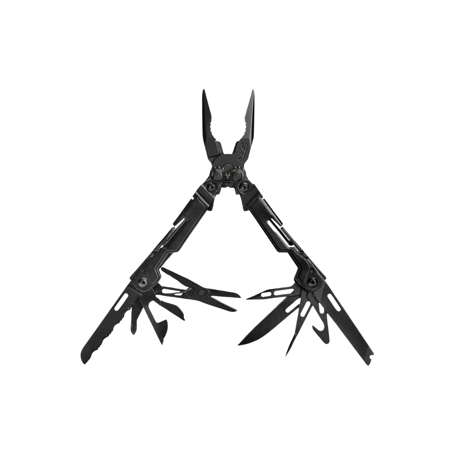 schwarzes Multitool mit geöffneten Zangen und ausgeklappten Werkzeugen an beiden Griffen