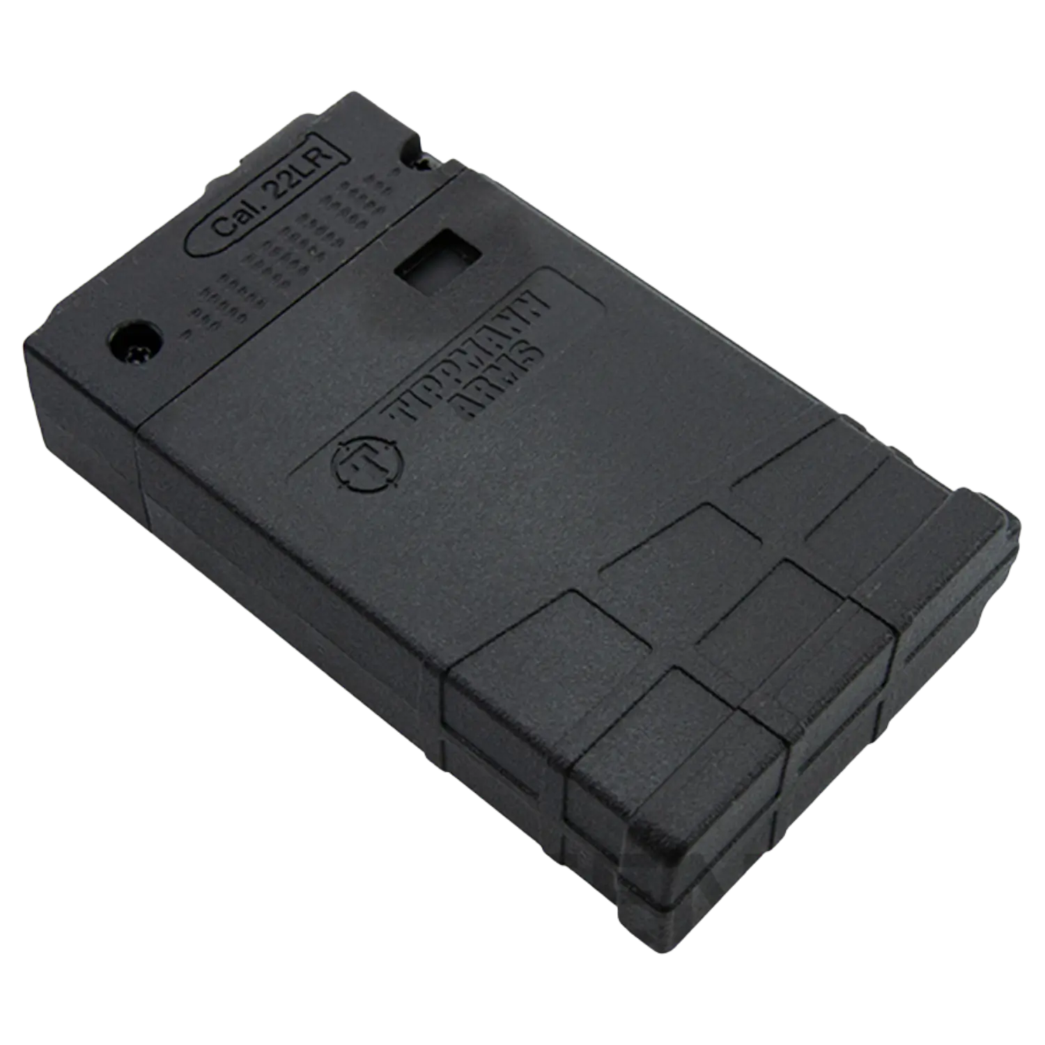 Schwarzes Tippmann M4-22 Magazin aus Kunststoff für Kaliber .22LR mit 10 Schuss Kapazität, rechteckig mit Prägung 'Tippmann Arms' und 'Cal .22LR'