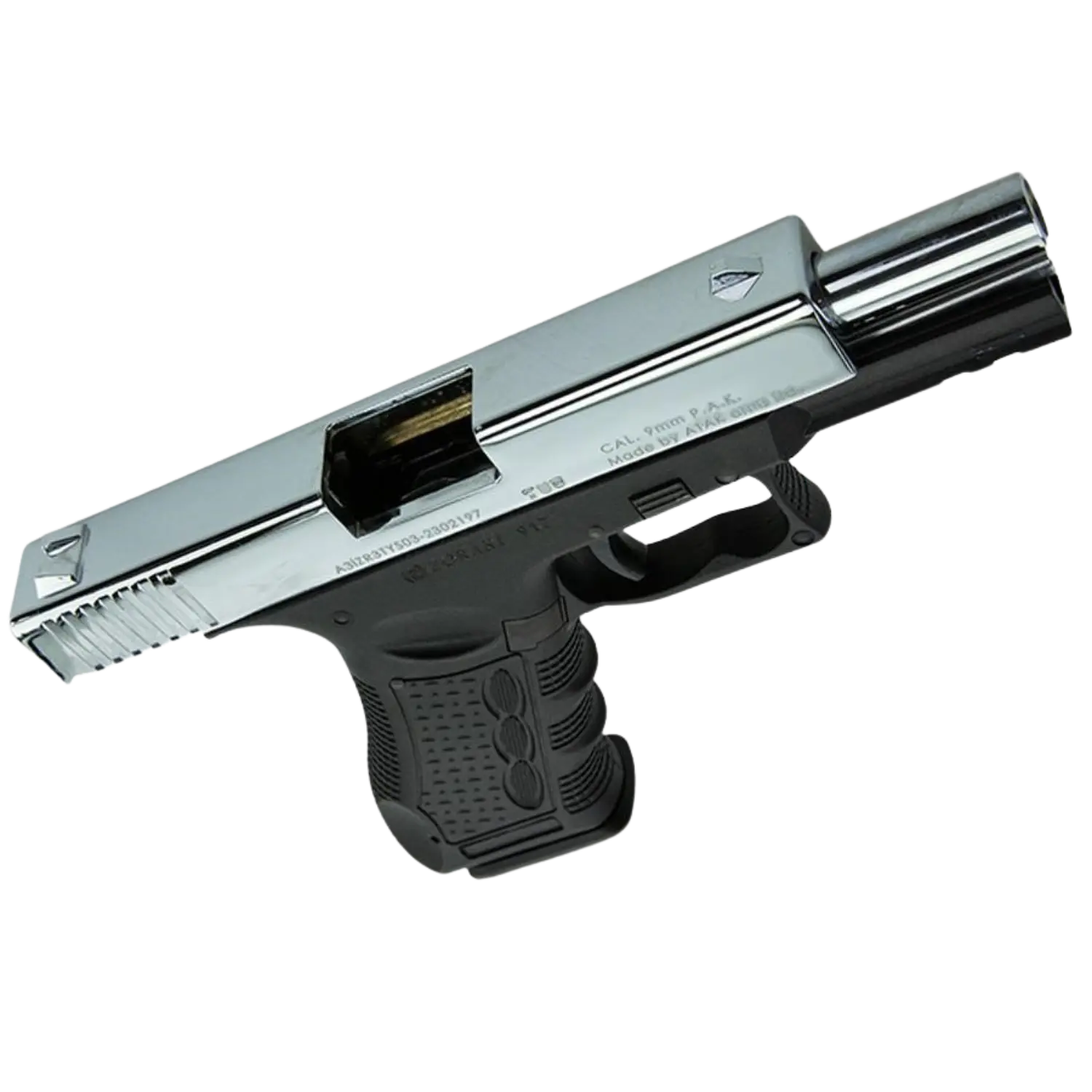 Chromfarbene Schreckschusspistole Zoraki 917 mit schwarzem Griff, sichtbare Lauflänge und Abzug