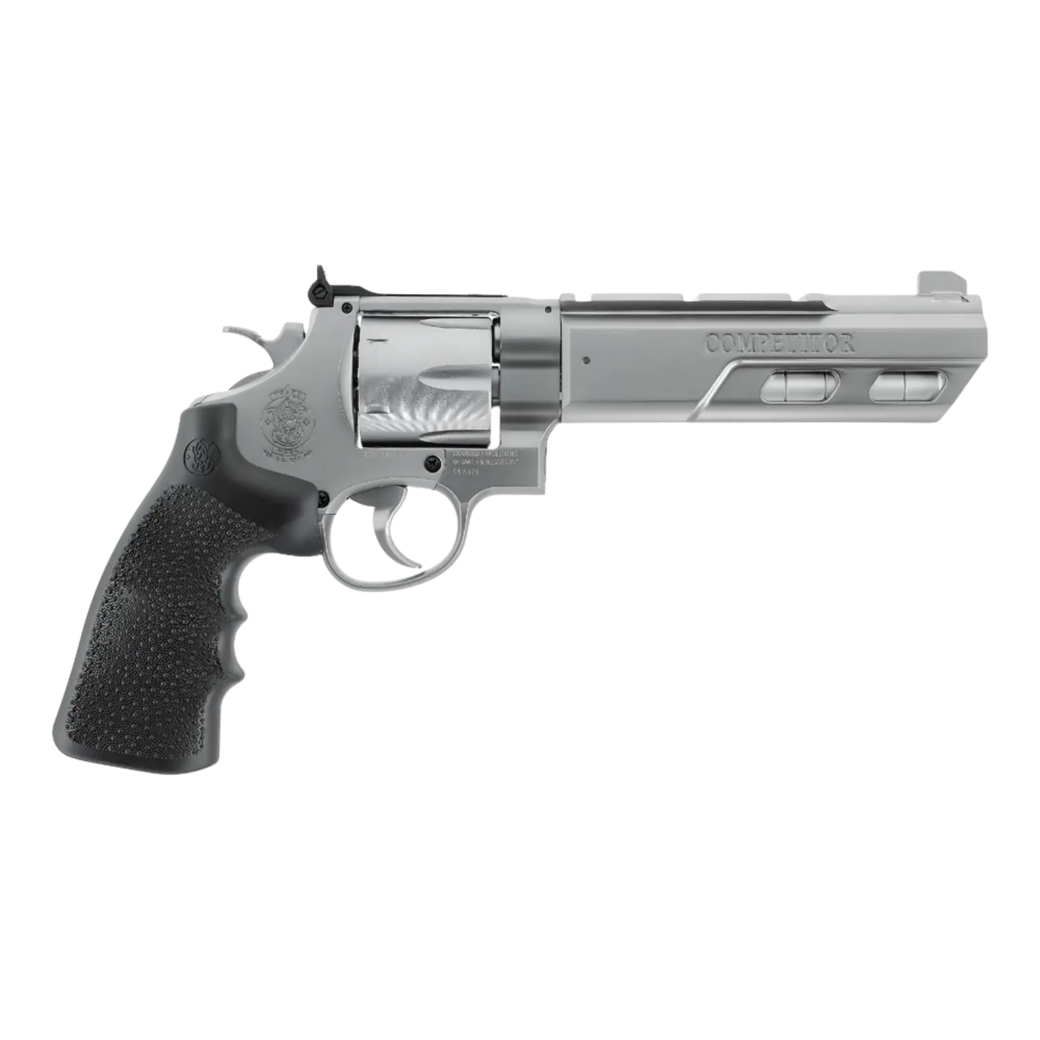 CO2-Revolver mit silbernem Lauf und Zylinder, schwarzem Griff mit Struktur, seitlich Gravur '.44 MAGNUM'