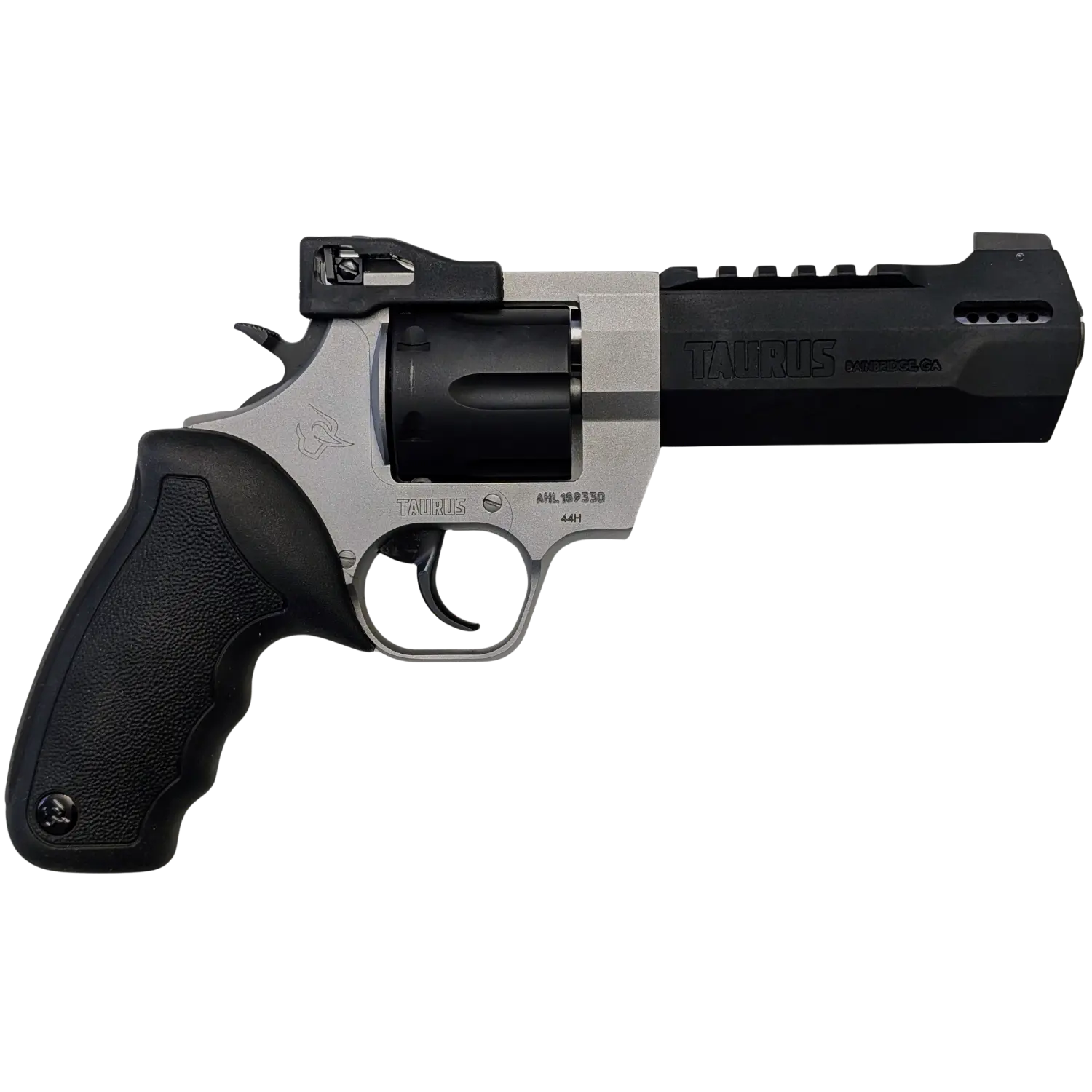 Schwarzer und silberner Revolver Ansicht auf er linken Seite mit schwarzer Trmmel und silbernem System