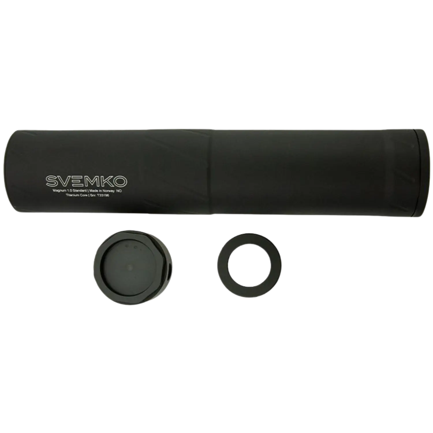 Svemko Schalldämpfer Magnum Quick Mount, zylindrisch, schwarz, mit abnehmbarem Ende und Gummiring.