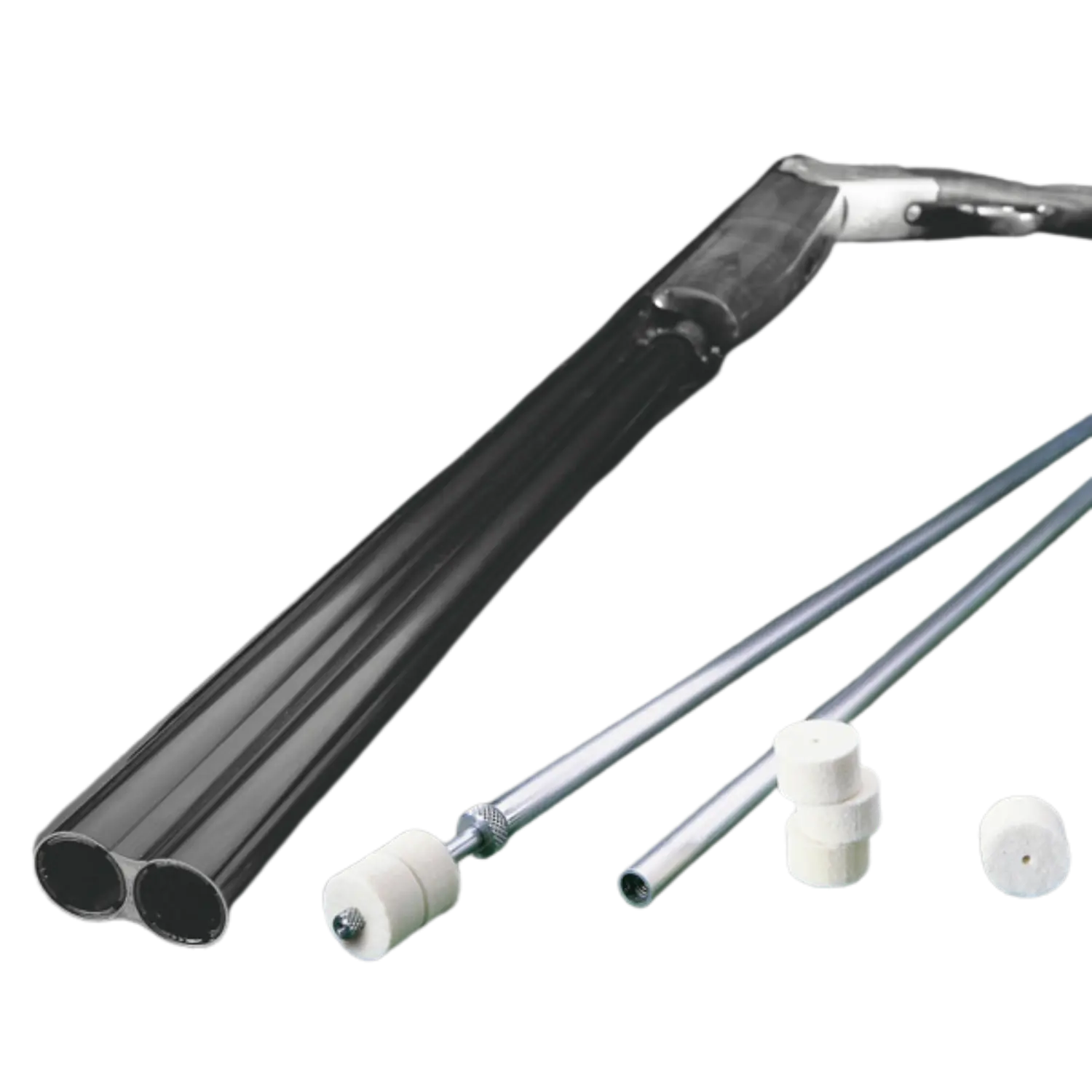 Doppelrohrflinte mit schwarzem Lauf und Holzschaft, daneben drei Reinigungsstäbe mit weißen Kunststoffenden.