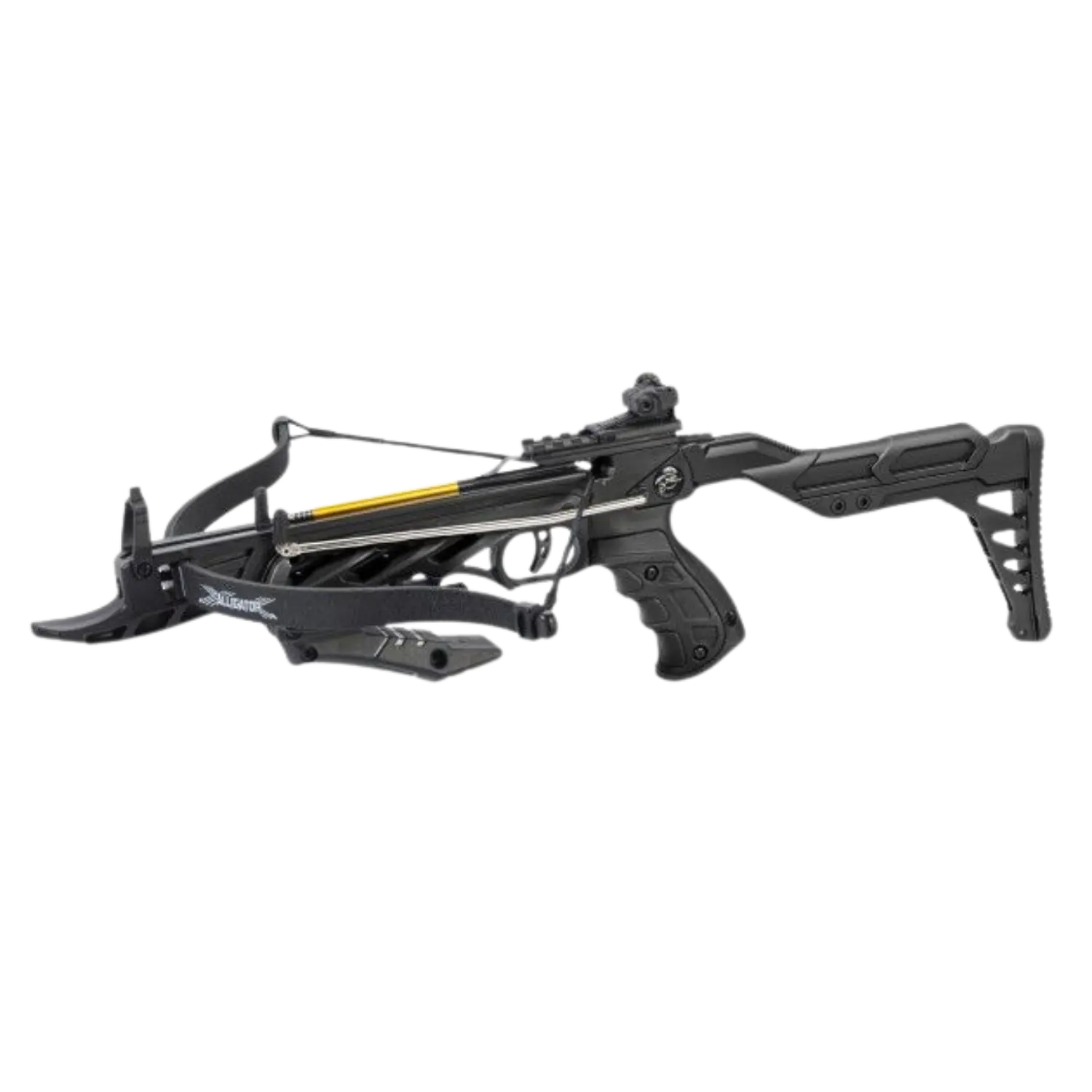 Pistolenarmbrust ALLIGATOR II 80 lbs schwarze Armbrust mit verstellbarem Schaft und Visier, seitliche Ansicht