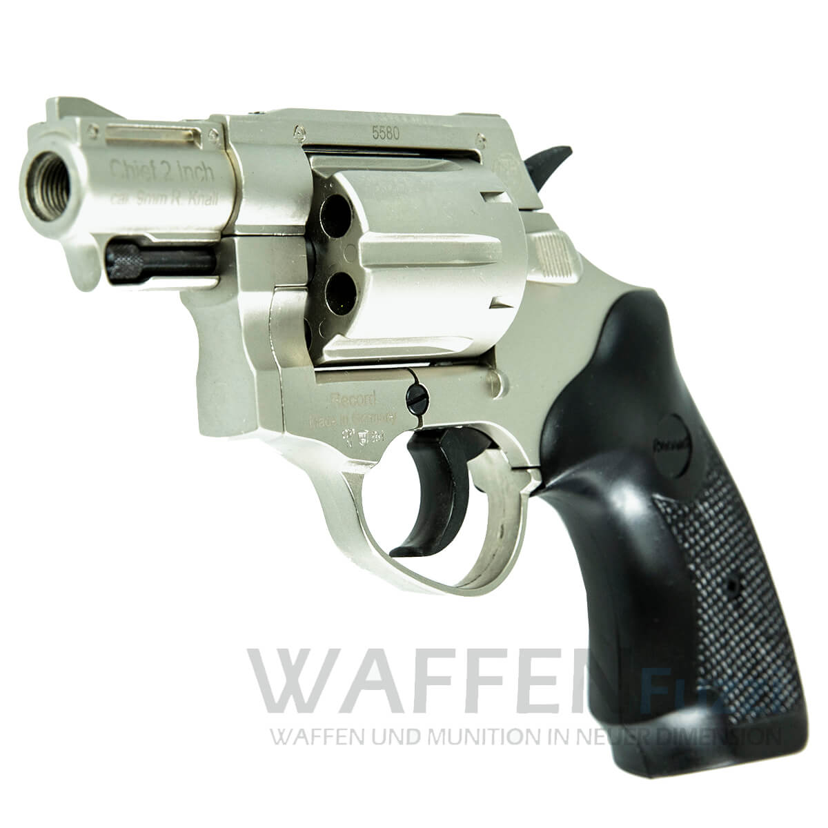 Record-Chief-2-Zoll-vernickelt-9mm-R-Knall Vernickelter Schreckschussrevolver Record Chief 2 Zoll mit Abschussbecher