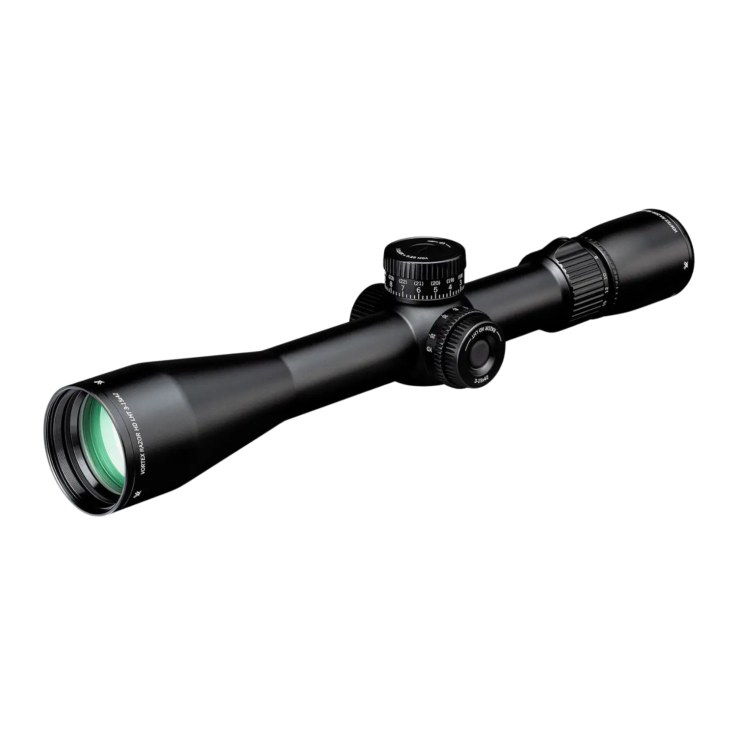 Vortex Razor LHT 3-15x42 Zielfernrohr in schwarzer Farbe, mit einem langen, schlanken Körper und einem großen, grünen Objektiv. Sichtbare Einstellräder auf der Oberseite und Seite.