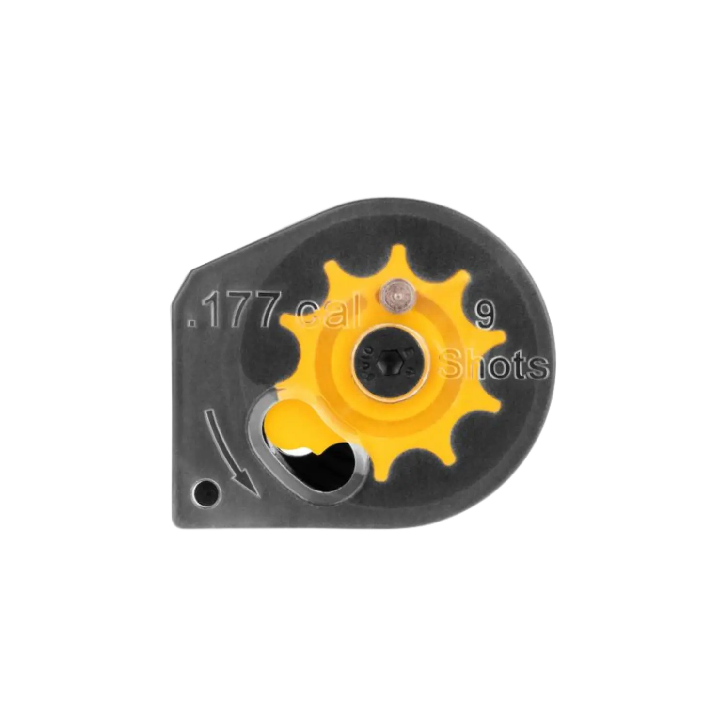 Trommelmagazin für Reximex RP RPA, schwarz-transparent mit gelbem Zahnrad, neun Kammern, Text '.177 cal 9 Shots'.
