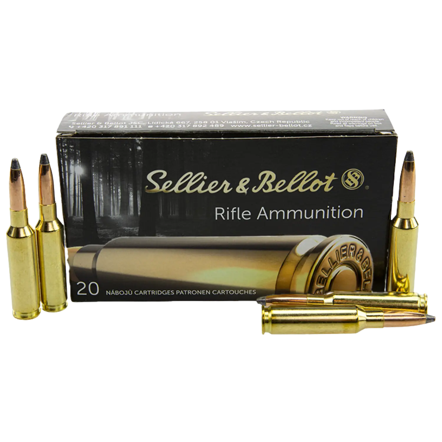Verpackung mit 20 Sellier & Bellot 6,5 Creedmoor 140gr SP Patronen, mit drei sichtbaren Patronen im Vordergrund und einer abgebildeten Patrone auf der Verpackung.
