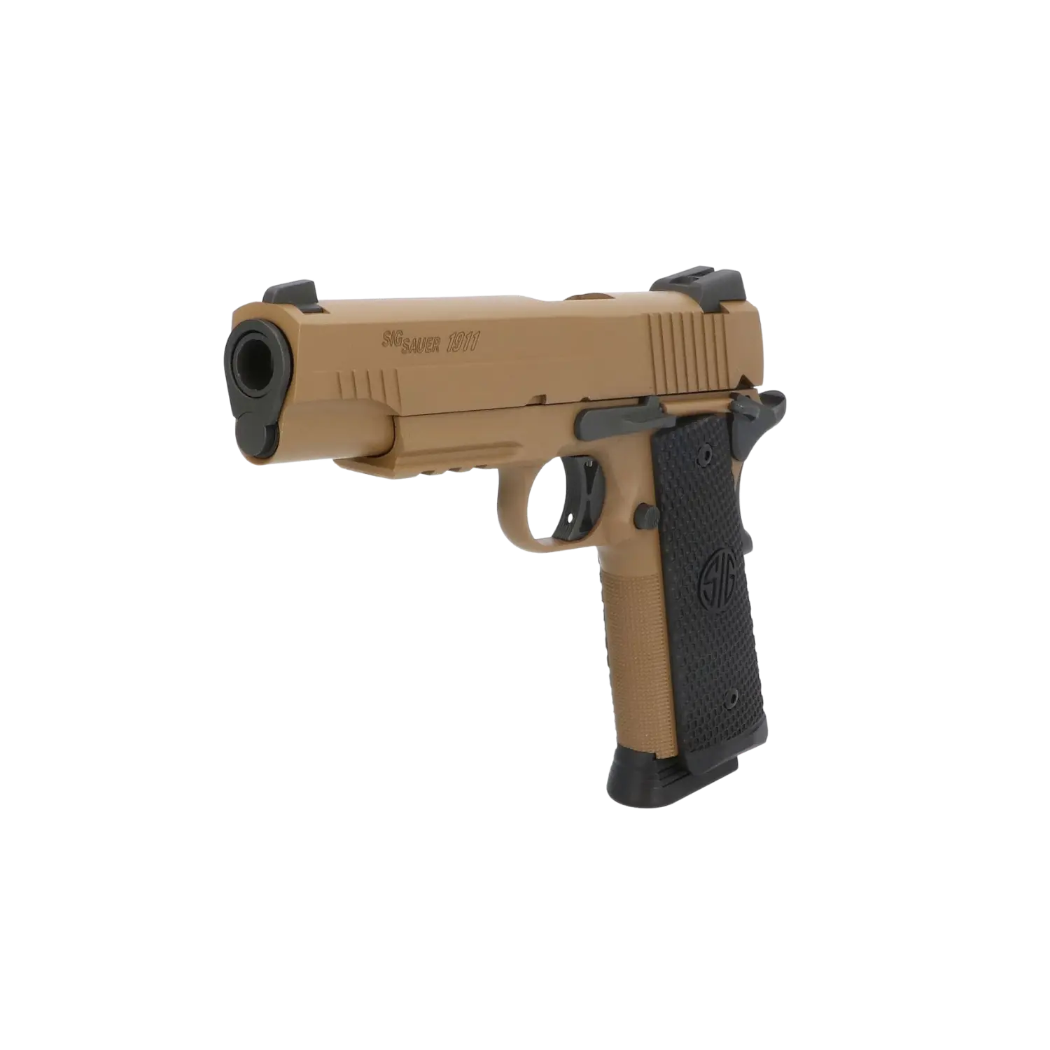Braun-schwarze Pistole vom Modell SIG Sauer 1911 mit schwarzem Griff und Magazin.