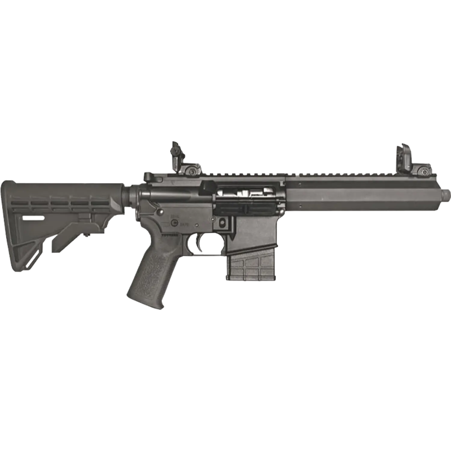 schwarze kleinkaliber ar15 Büchse mit kurzem Lauf und offener vVisierung