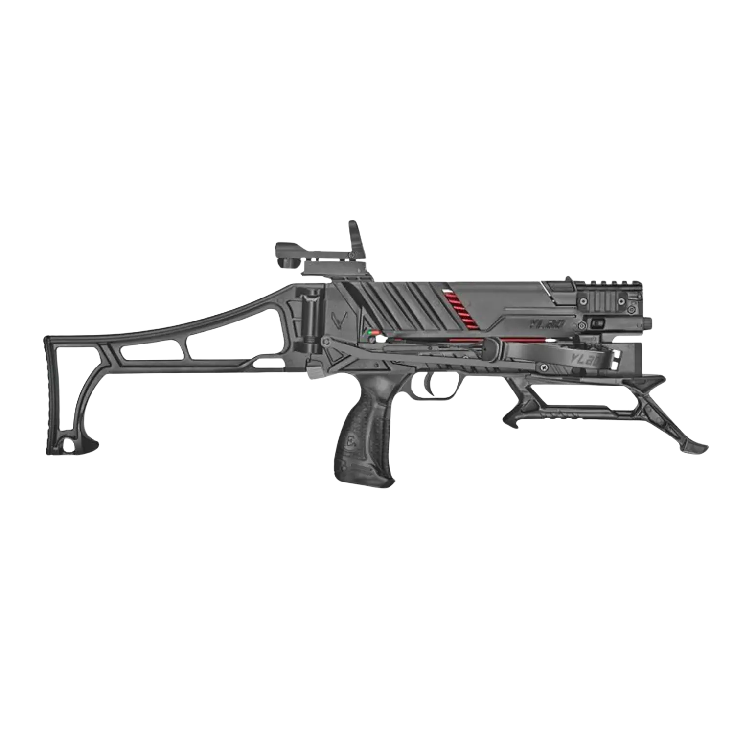 VLAD Armbrust mit Magazin 60 / 90 lbs Moderne Armbrust mit schwarzem, skelettiertem Schaft, rotem Streifenmuster und integriertem Visier.