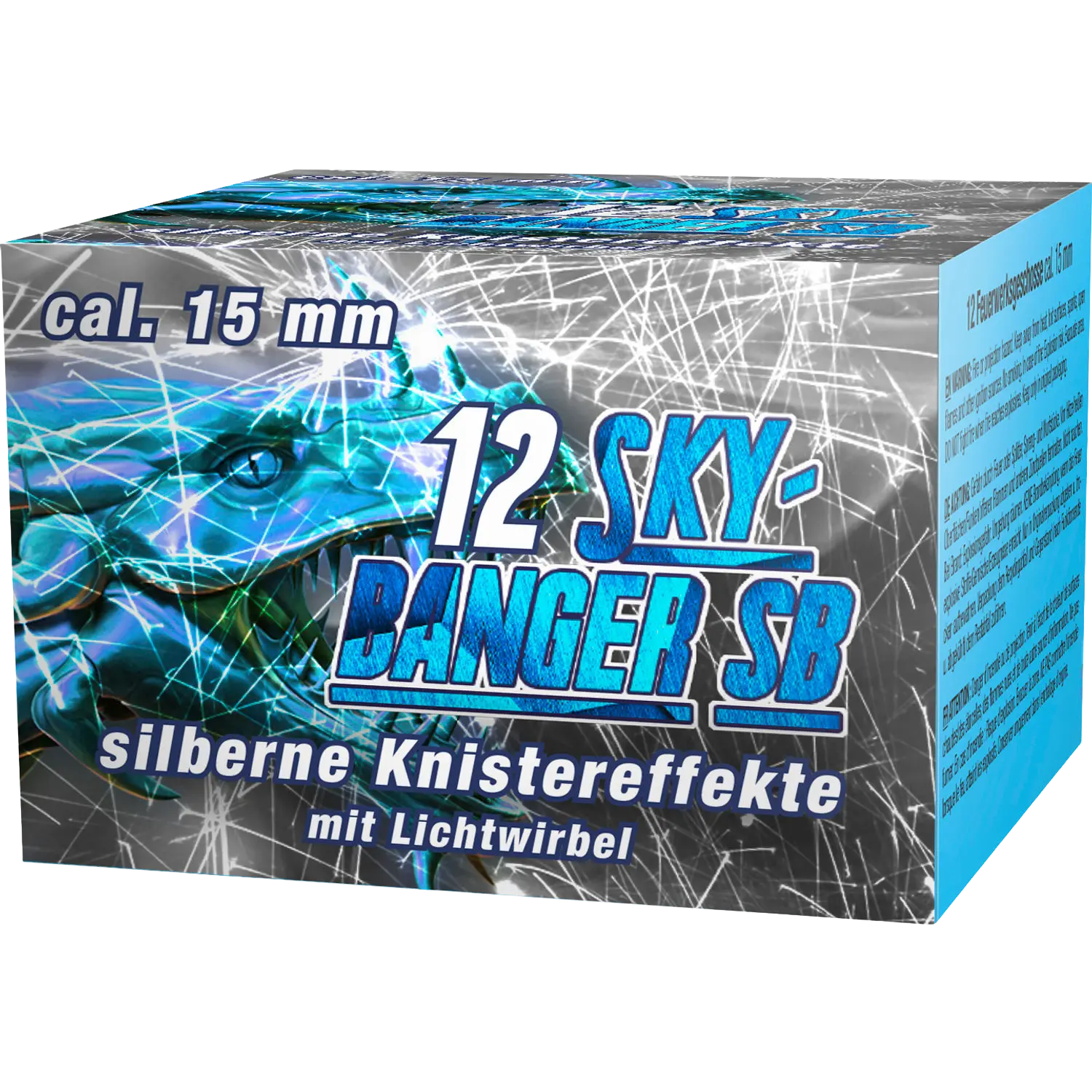 Verpackung mit blauem Drachenmotiv und Text '12 SKY-BANGER SB cal. 15 mm silberne Knistereffekte mit Lichtwirbel'.