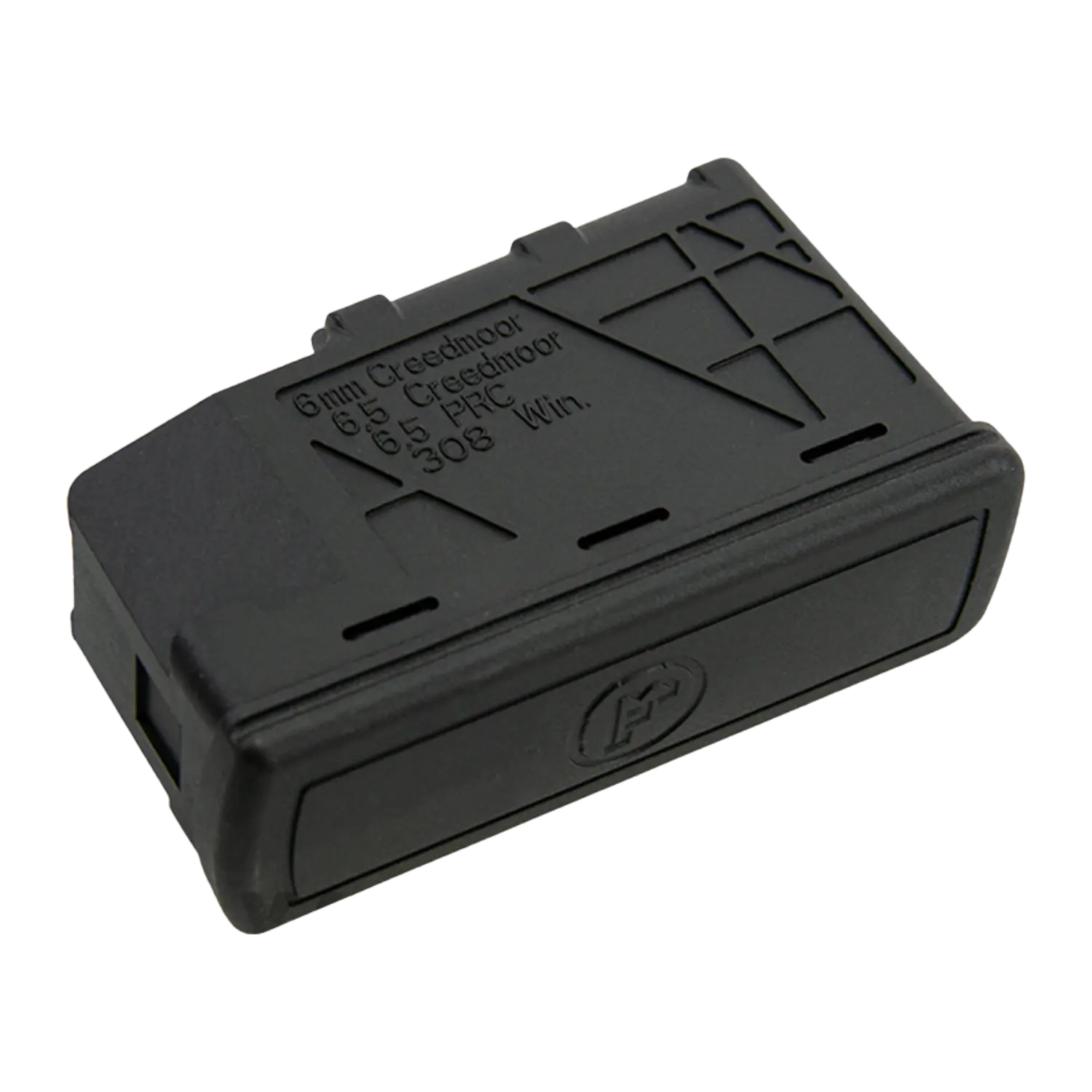 Schwarzes Magazin mit Gravur '6mm Creedmoor 6,5 Creedmoor 6,5 PRC .308 Win.' und Logo auf der Vorderseite, rechteckig mit strukturiertem Muster oben