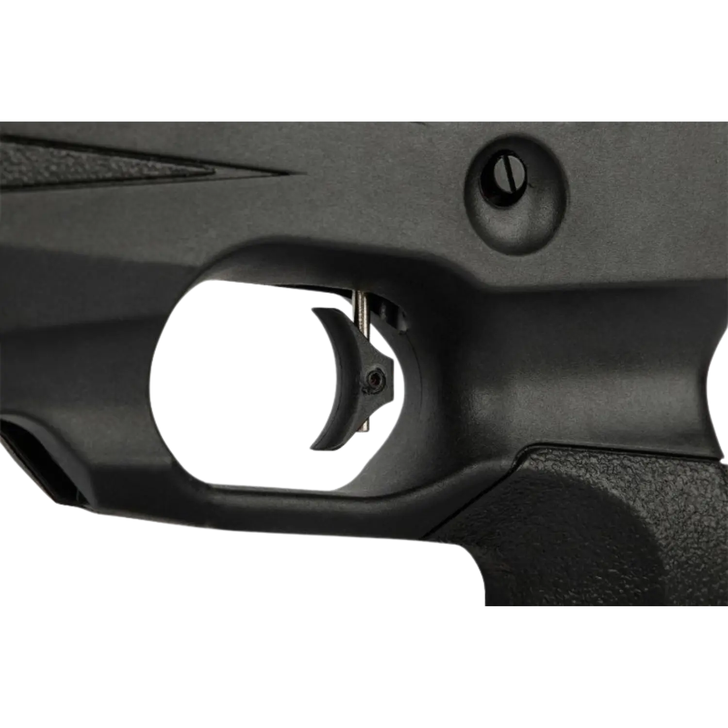 Nahaufnahme des schwarzen Abzugs und Abzugsbügels der Reximex Tormenta Lite Pressluftwaffe.