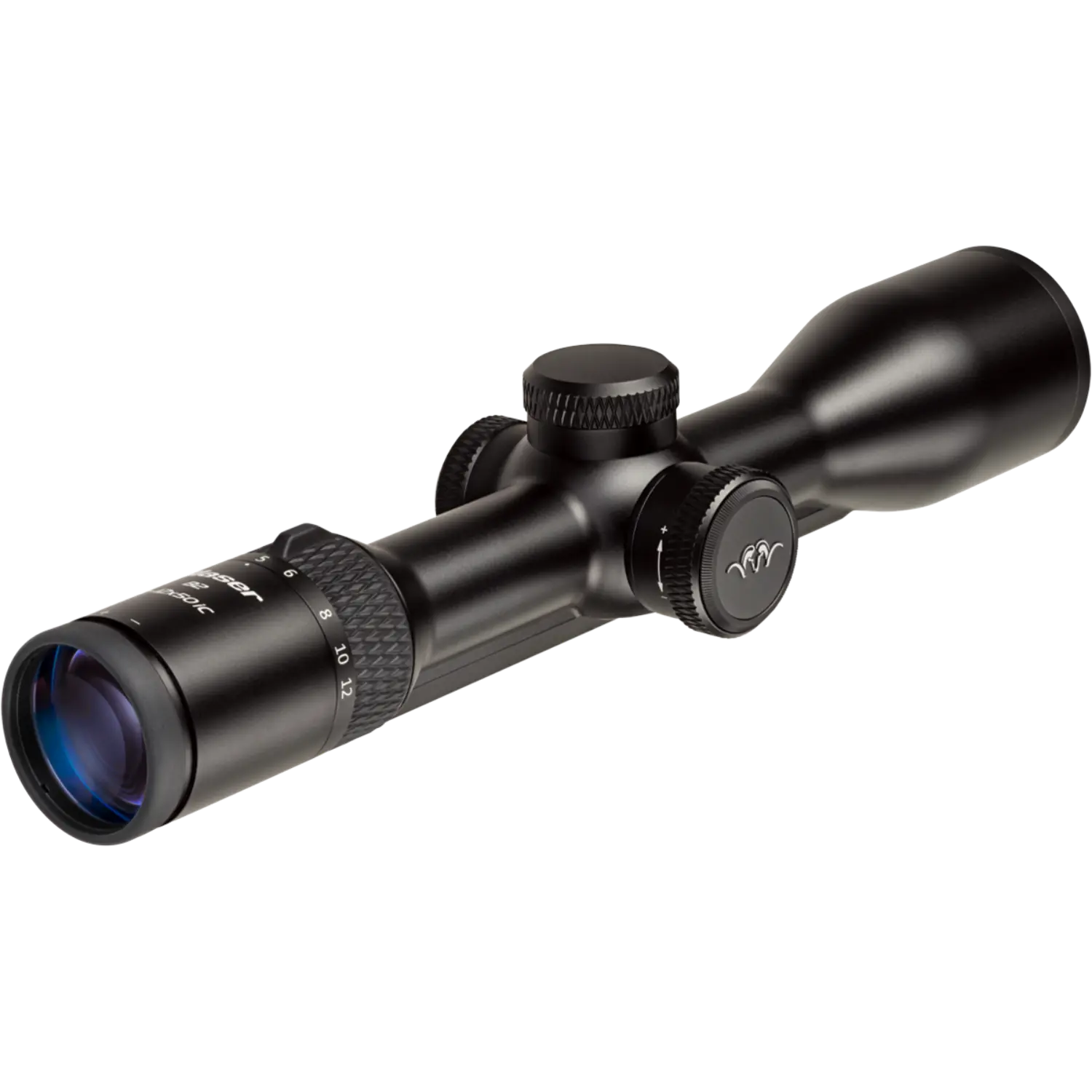Blaser Zielfernrohr, schwarzes, zylindrisches Design mit zwei Einstellrädern und einem blauen Objektiv. Länge und Form betonen die Funktionalität.
