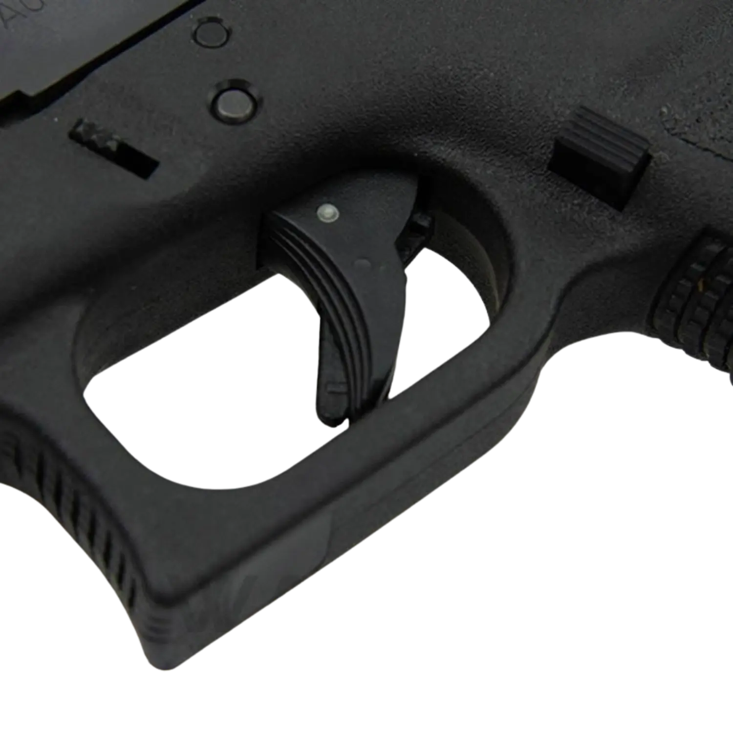 Glock 36 Kaliber .45Auto Nahaufnahme des schwarzen Abzugs und Abzugsbügels der Pistole Glock 36 mit sichtbarem Sicherungsschalter und Textur am Griff.