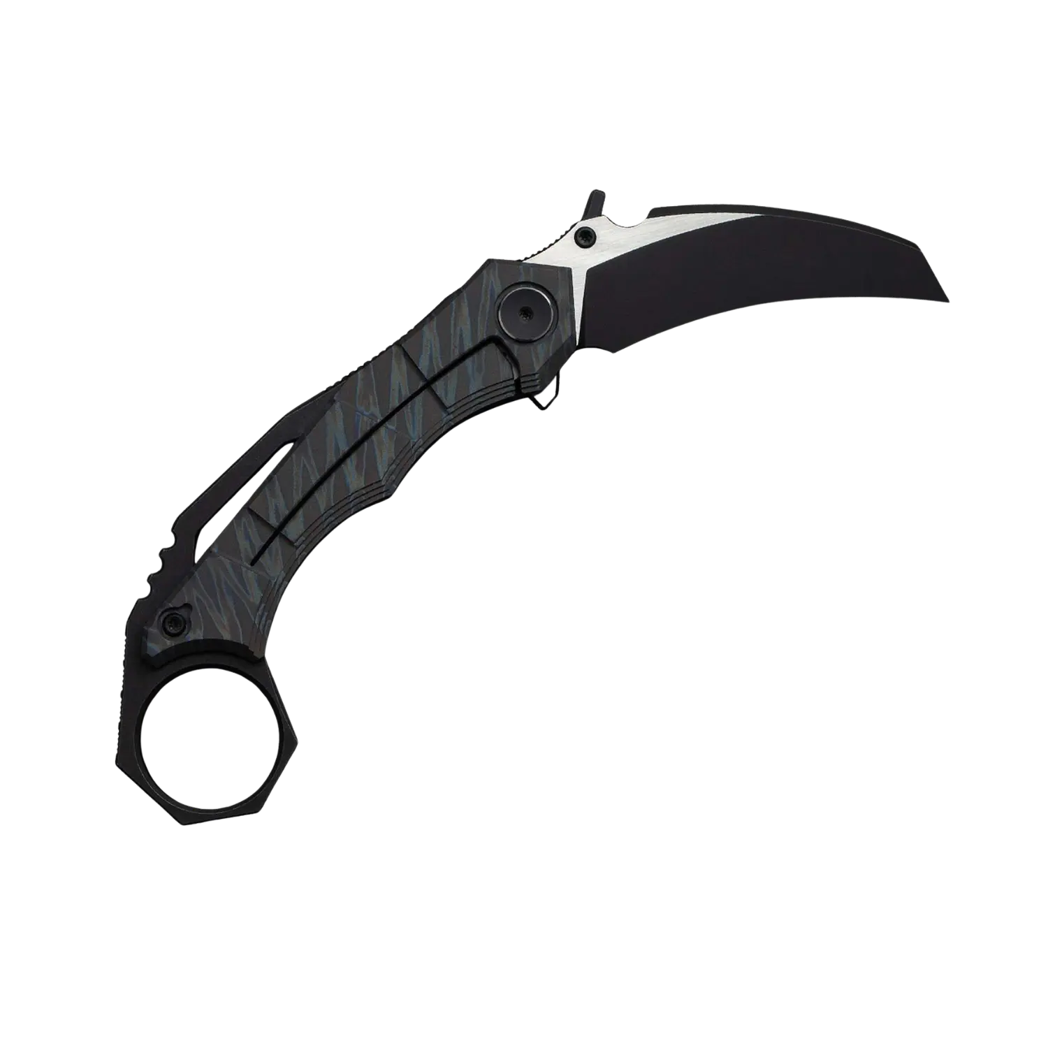 Klappmesser WE Knife Tayra M390 mit Tiger-Stripe-Titanium-Griff und schwarz stonewashed Klinge, gebogene Klingenform, Griff mit Fingerring.
