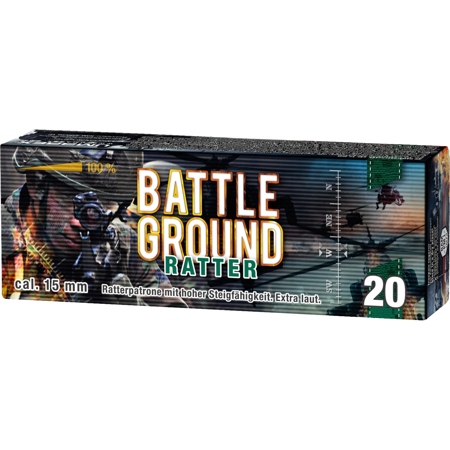 Verpackung der Umarex Pyro Battle Ground Ratter Kaliber 15 mm mit 20 Schuss, zeigt Soldaten und Hubschrauber im Einsatz, Text 'BATTLE GROUND RATTER', 'cal. 15 mm', 'Ratterpatrone mit hoher Steigfähigkeit. Extra laut.'