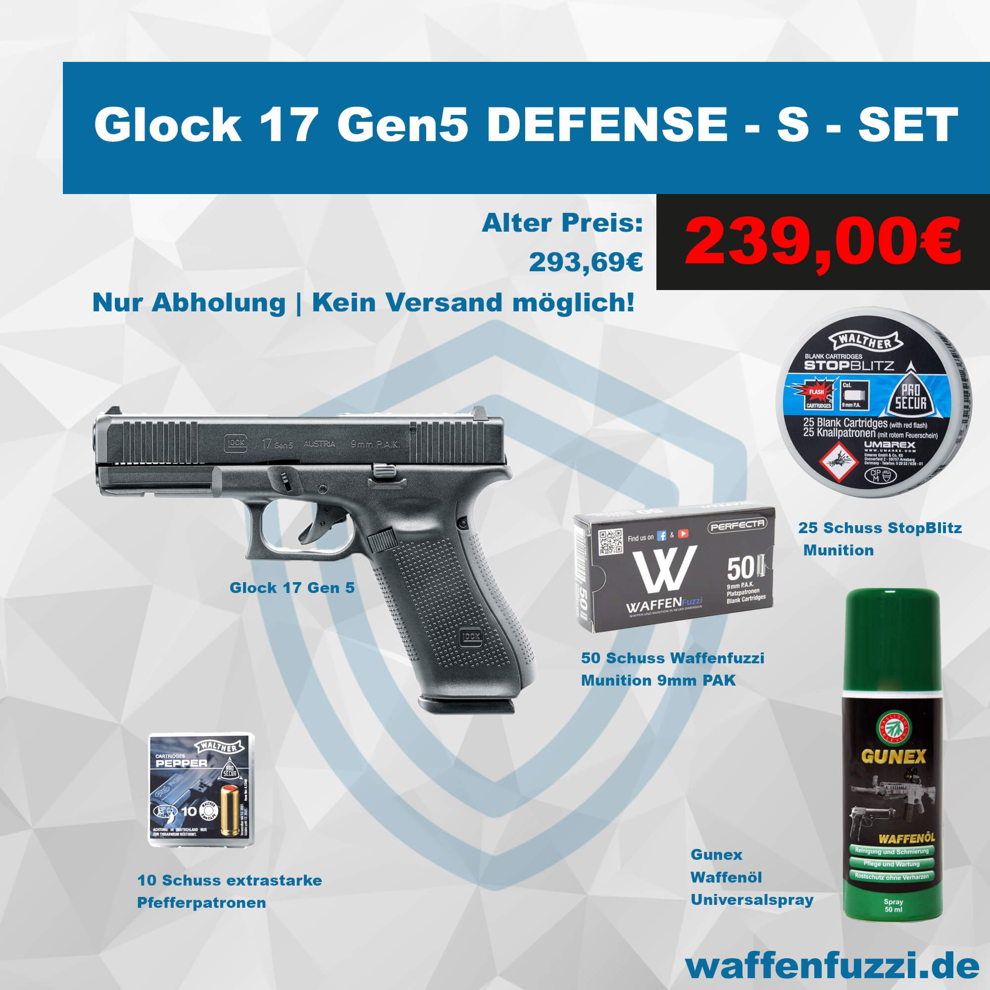 Glock 17 Gen5 Schreckschusspistolen Defense Set "S" Kaliber 9mm PAK Glock 17 Gen5 Schreckschusspistolen Defense Set "S" Kaliber 9mm PAK