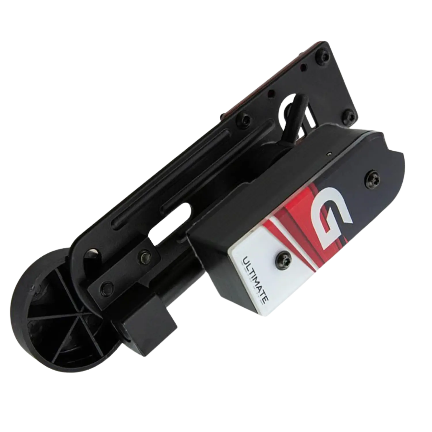 Schwarzes Ghost Holster Ultimate Evo 2011 mit rotem und weißem Logo, bestehend aus Halterung und Befestigungselementen.