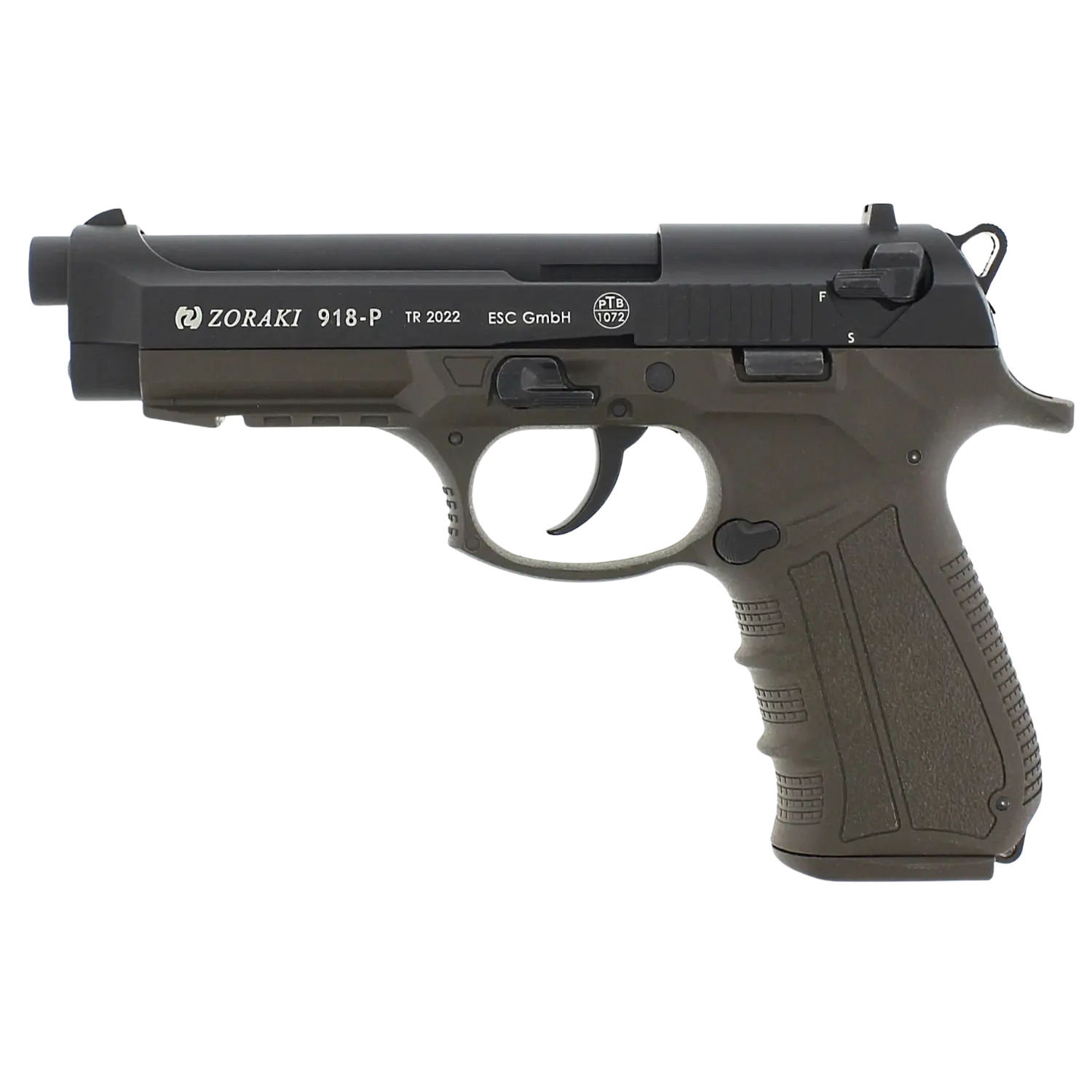 Zoraki 918 Schreckschusspistole 9mm ODG Zoraki 918-P , eine halbautomatische Pistole in Olivgrün mit schwarzem Schlitten, sichtbare Grifftextur und Abzug.