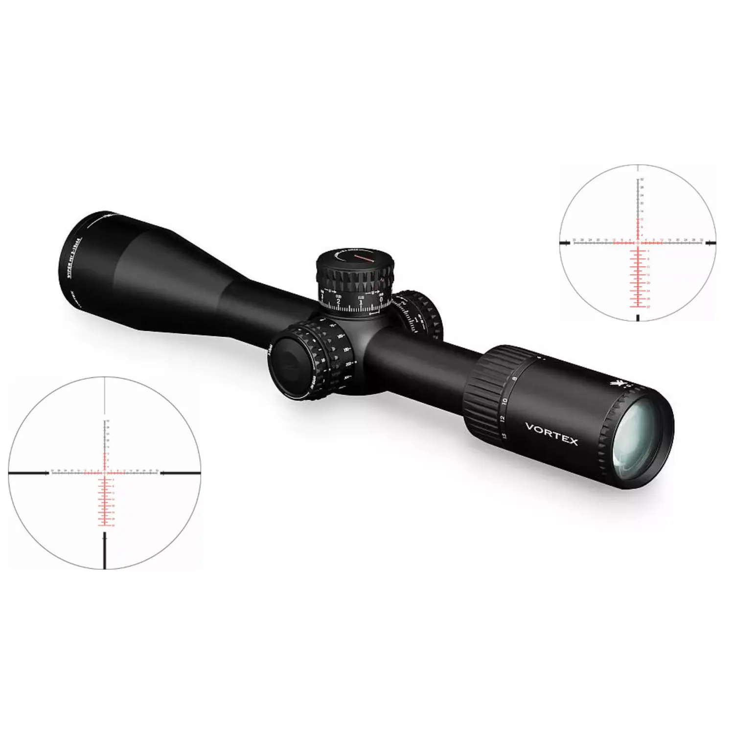 Vortex Zielfernrohr Viper PST Gen II 3-15x44 MOA SFP Schwarzes Vortex Zielfernrohr Viper PST Gen II 3-15x44 MOA SFP mit Einstelltürmen und zwei vergrößerten Ansichten des beleuchteten Absehen in Rot und Schwarz.
