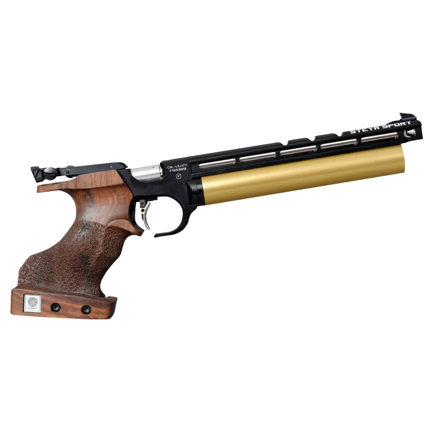 Steyr EVO 10 E Matchpistole 4,5mm Diabolo Steyr EVO 10 E Matchpistole, 4,5 mm, mit Holzgriff, schwarzem Metallrahmen und goldenem Zylinder.