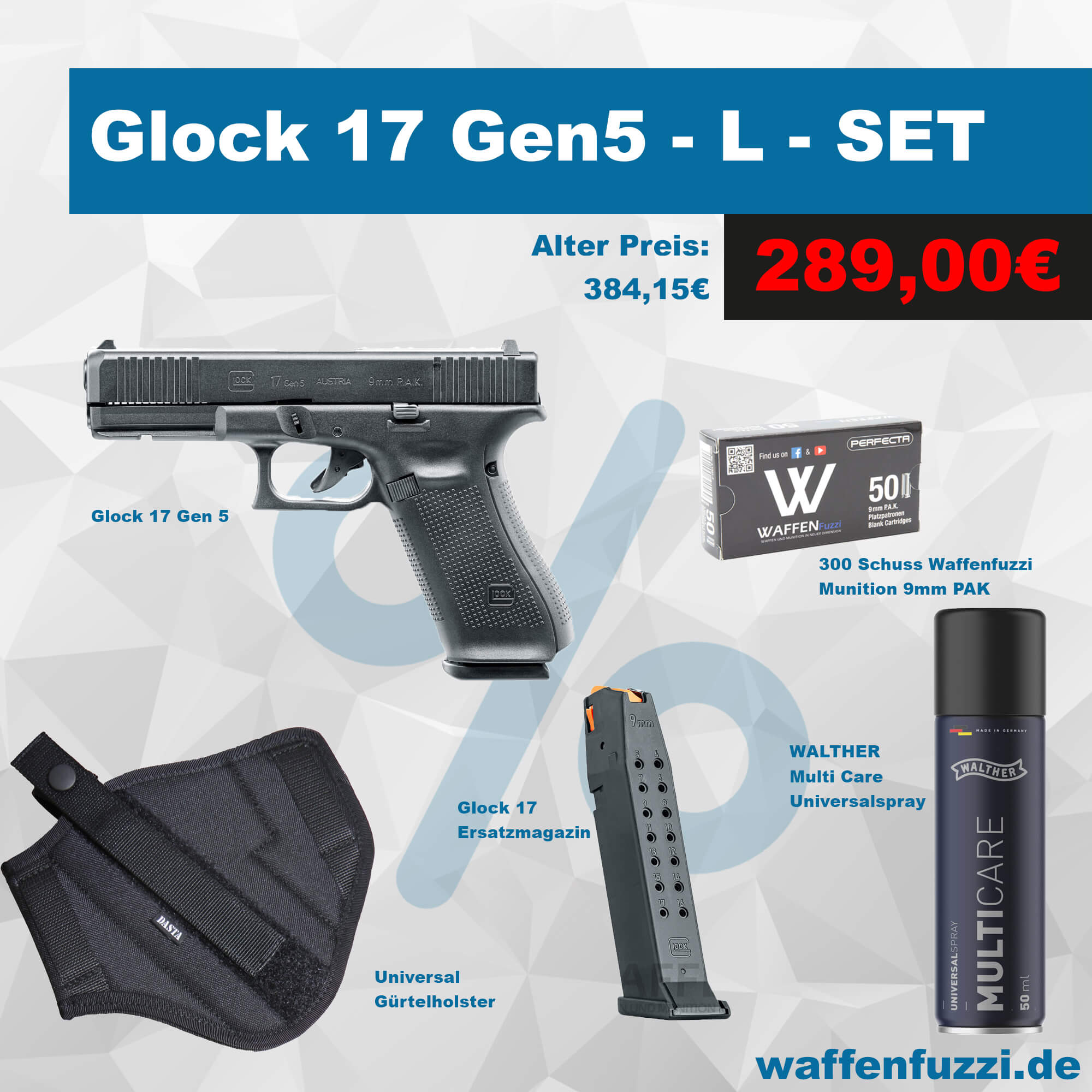 Glock 17 Gen5 Schreckschuss Set bestehend aus 300 Schuss + Pflegeöl + Ersatzmagazin + Holster