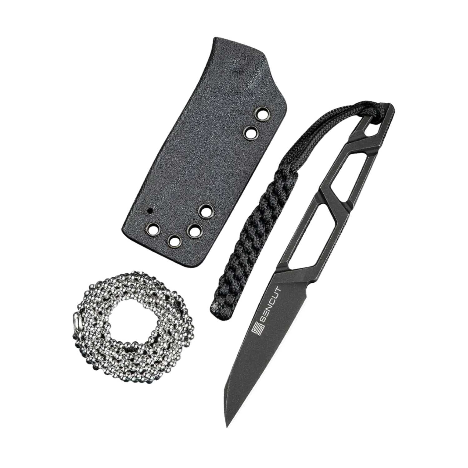 Schwarzes SENCUT Messer mit Paracord-Griff, schwarze Scheide mit Druckknöpfen und eine silberne Kette