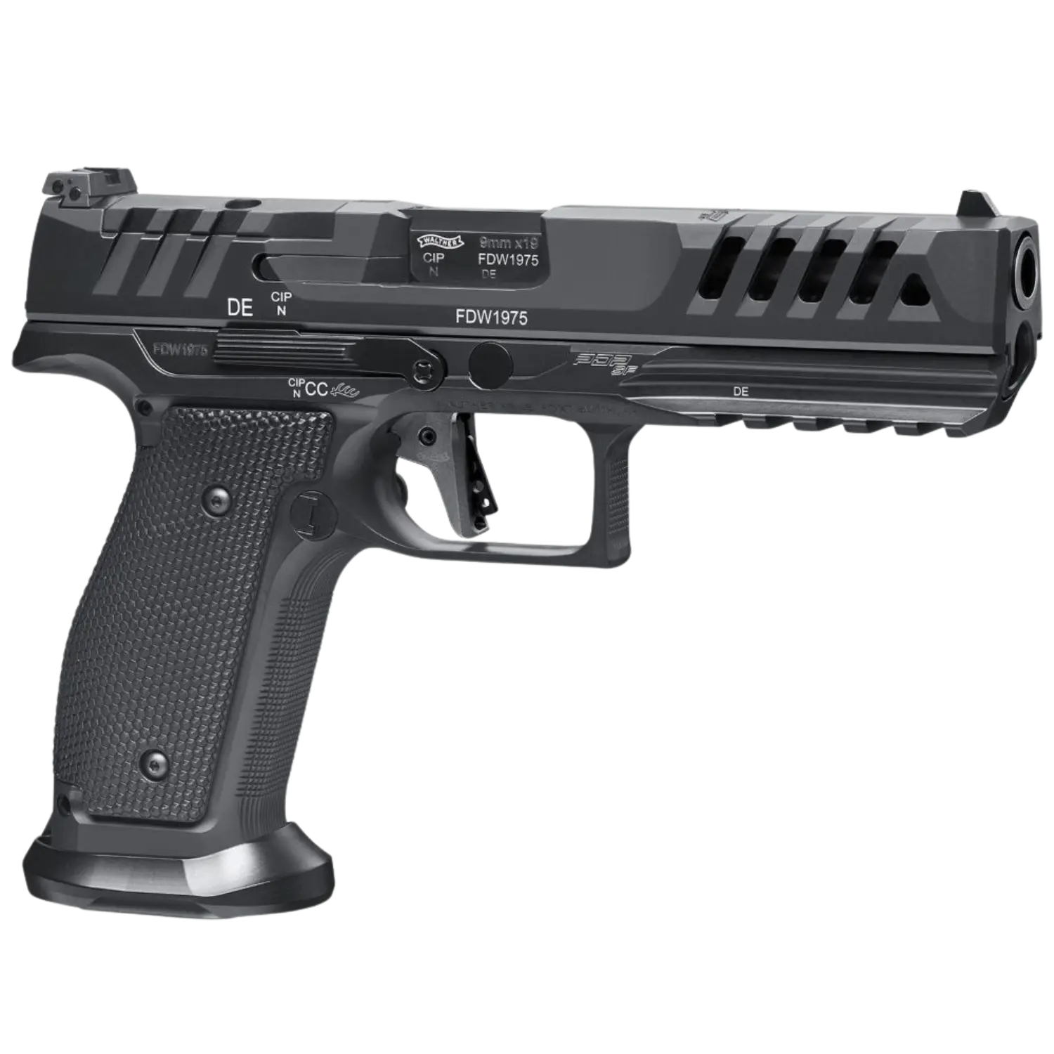 Walther PDP Match Steel Frame 5" Kaliber 9mm Luger Schwarzfarbige Handfeuerwaffe mit einem glatten Griff und einem markanten Abzugsmechanismus. Die Oberseite hat eine gezackte Struktur und eine Picatinny-Schiene.