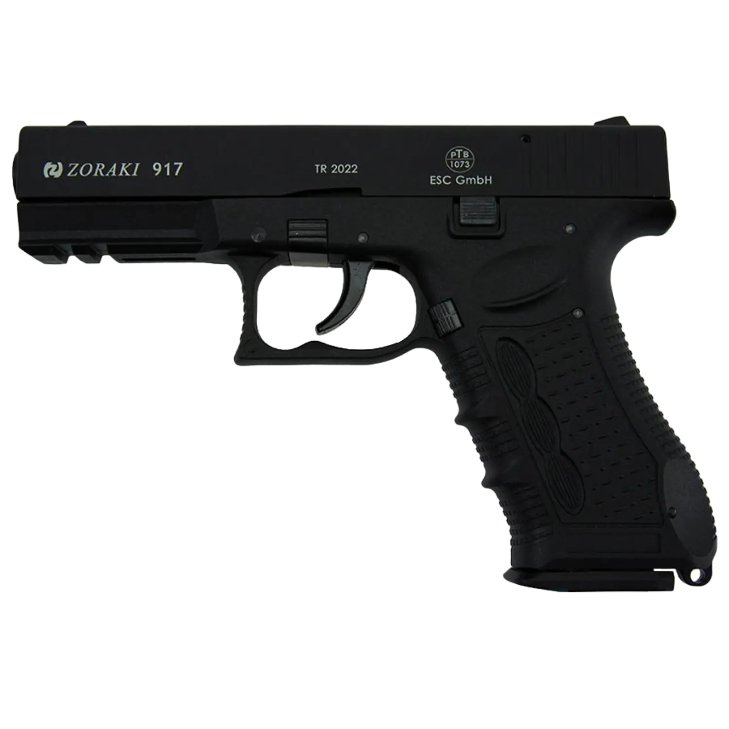 Zoraki 917, schwarze Schreckschusswaffe, rechte Seitenansicht, mit abgerundeter Form und strukturiertem Griff.