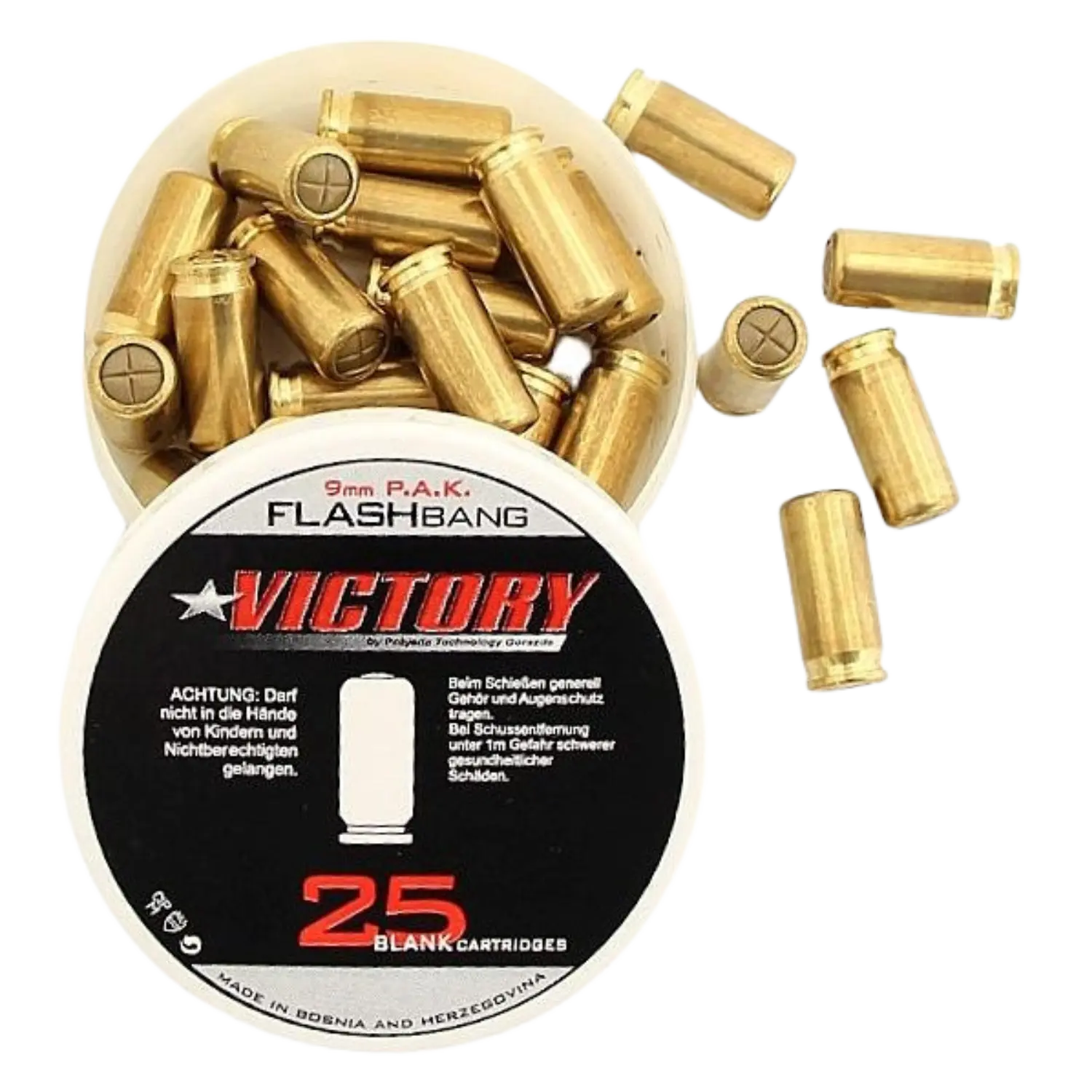 Victory Flashbang Blitz Platzpatronen 9mm PAK Runde Dose mit 9-mm-Patronen der Marke Victory, goldfarbene Hülsen, Aufschrift mit Warnhinweisen und Mengenangabe '25 Blank Cartridges'.