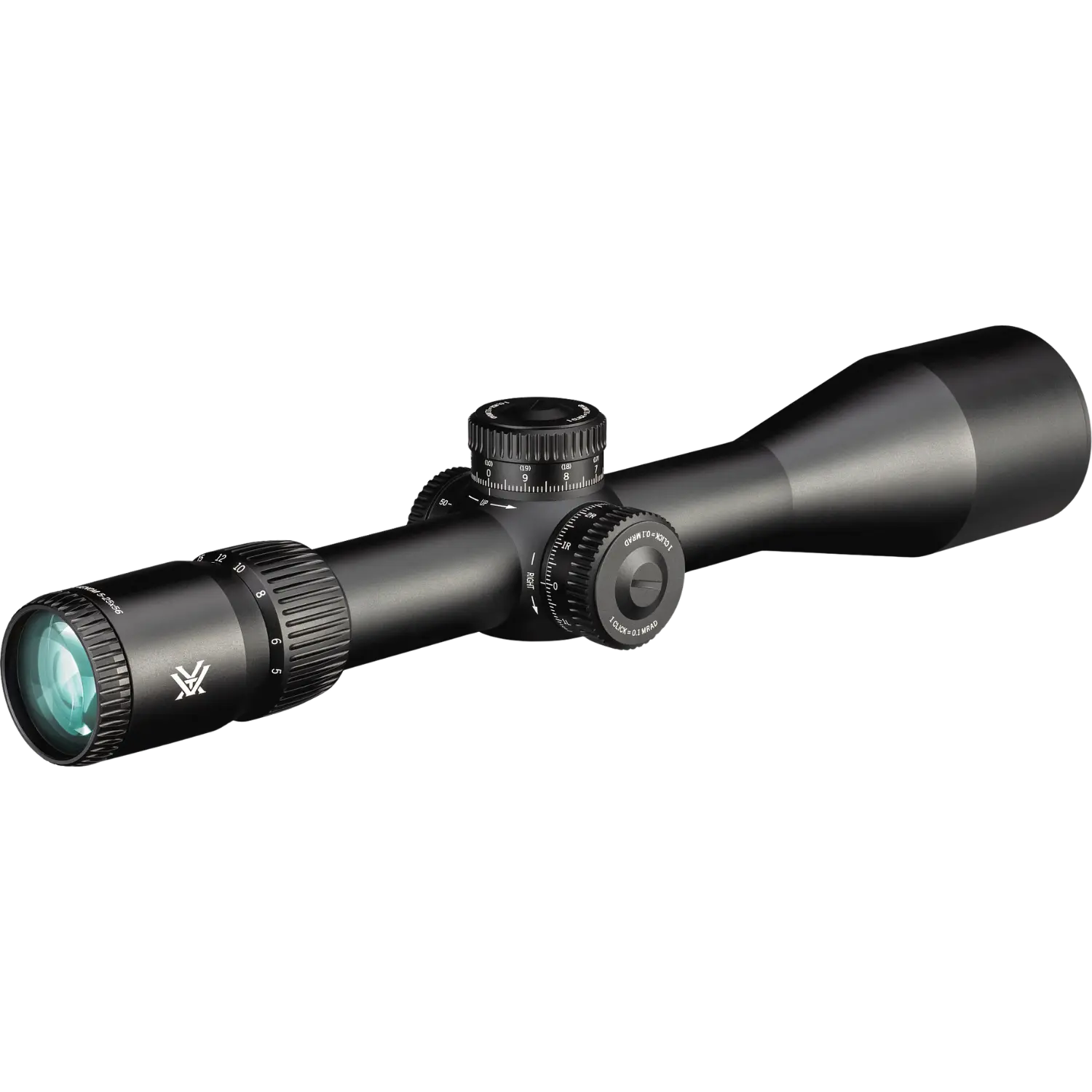 Vortex Zielfernrohr Venom 5-25x56 FFP, schwarzes Gehäuse, länglich, mit verstellbaren Turmknöpfen und Objektivlinse.