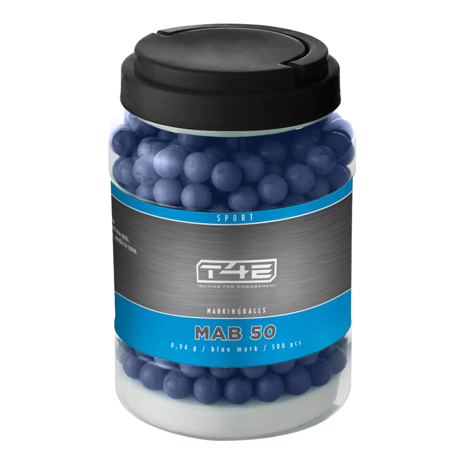 Marking Balls für RAM-Waffen Kaliber 50. In einen Schraubglas mit einer grau blauen Banderole.