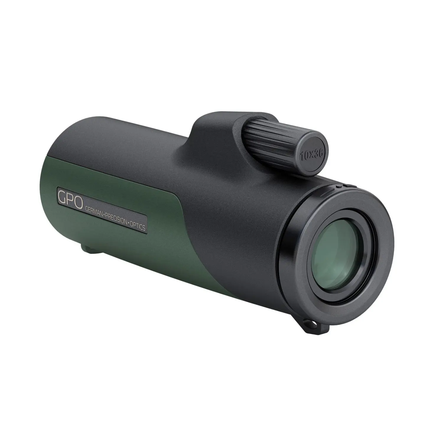 Monokular von GPO (German Precision Optics) in grün und schwarz mit großem Objektiv und Fokusrad oben.