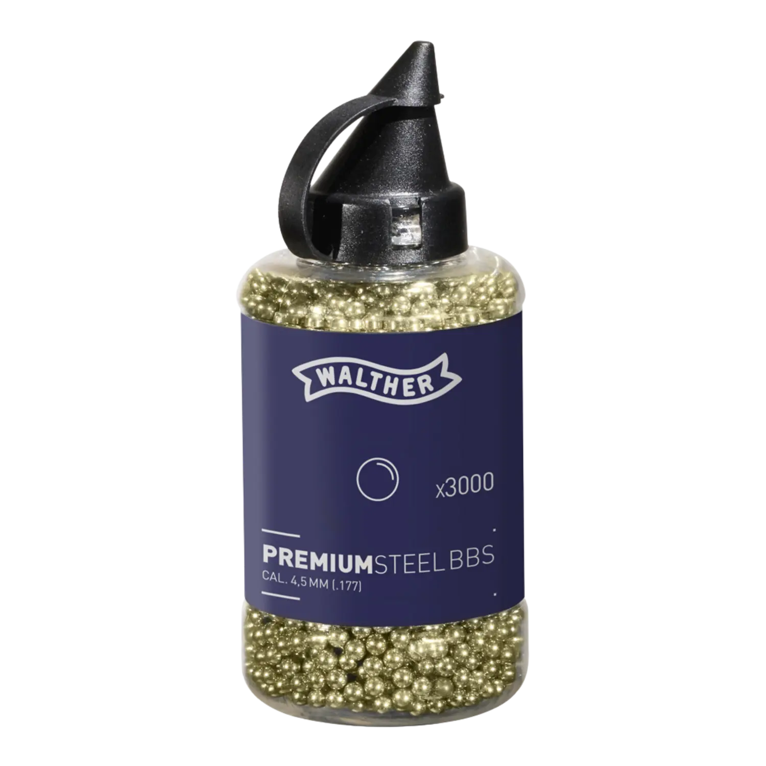 Plastikflasche mit schwarzem Deckel, gefüllt mit vielen kleinen Stahlkugeln, Etikett mit Aufschrift 'WALTHER PREMIUM STEEL BBS CAL. 4,5 MM | .177 x3000'