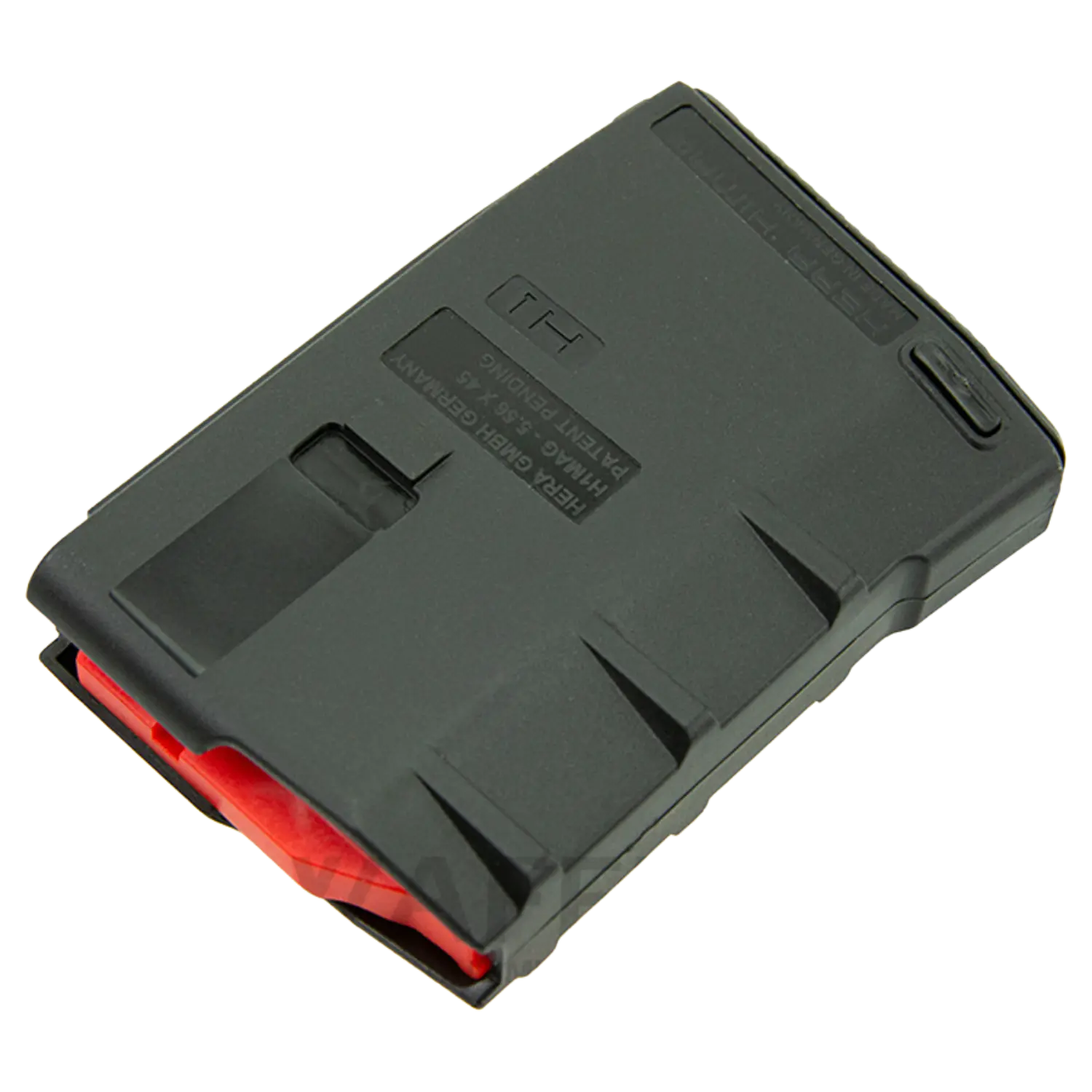 Schwarzes Magazin mit rotem Einsatz, rechteckig, mit sichtbaren Markierungen und dem Text 'herogames.com' auf der Oberseite.