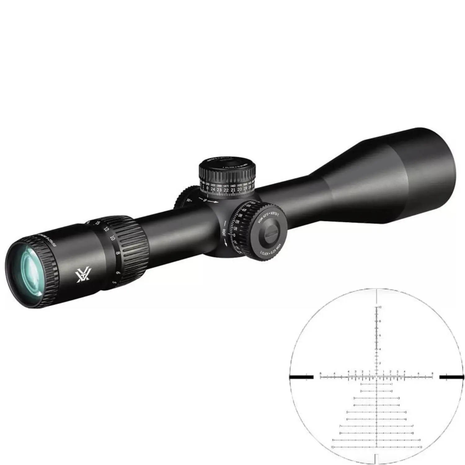 Schwarzes Zielfernrohr Vortex Venom 5-25x56 mit Einstelltürmen und beleuchtetem Absehen EBR-7C MOA im Detail