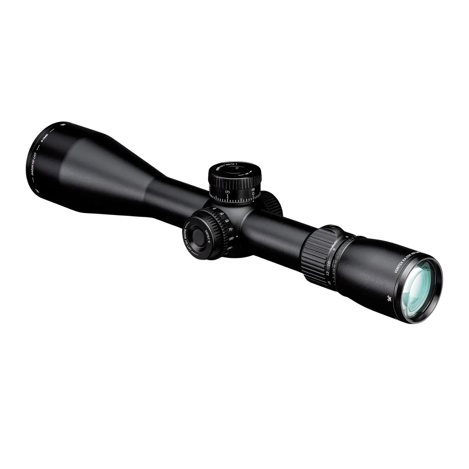 Vortex Razor LHT 3-15x50 Zielfernrohr in Schwarz mit einem langen, schlanken Gehäuse, verstellbarem Okular und einem großen Objektiv.