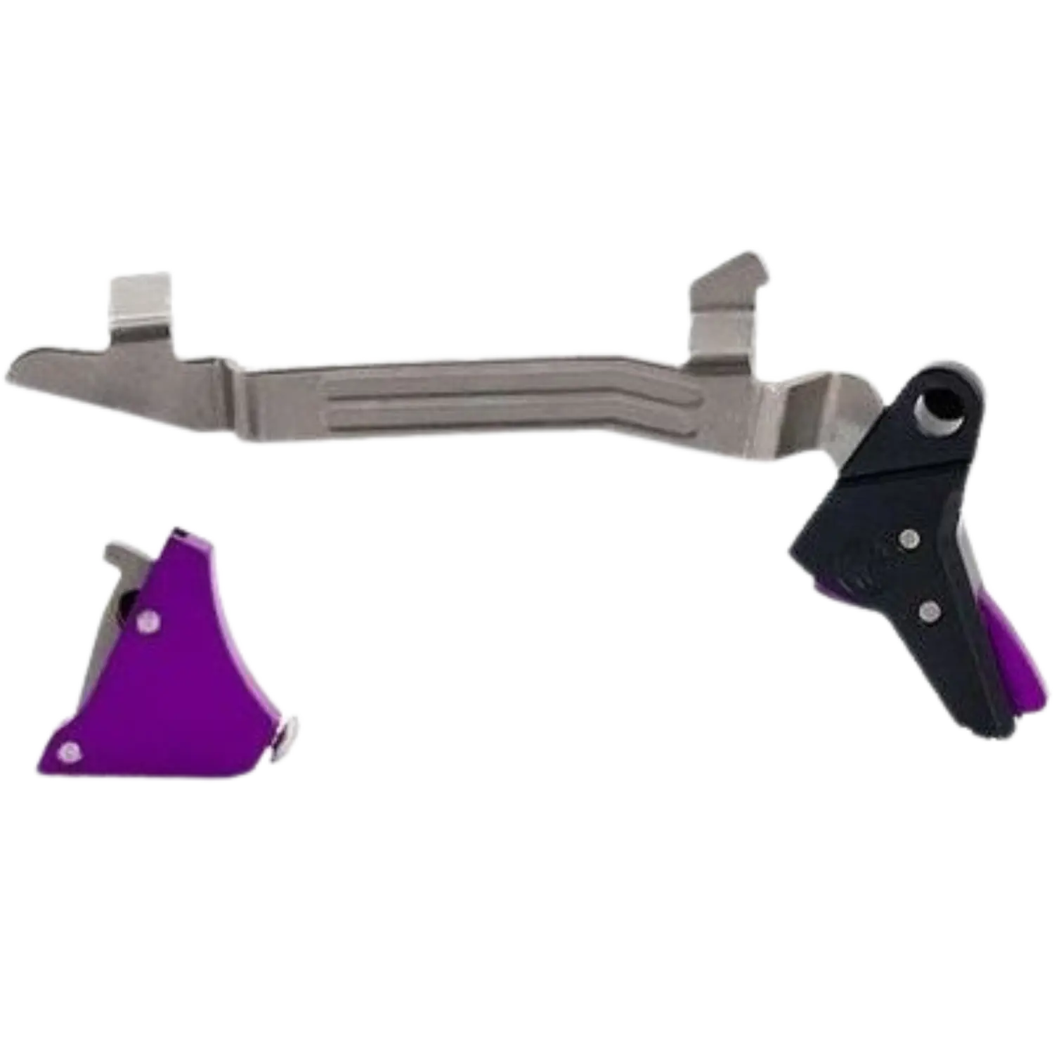 Timney Alpha Abzug für Glock Gen 5 Purple Metallischer Abzug mit zwei Teilen, ein längliches, gebogenes Teil mit zwei Befestigungen und ein kleineres, lila Teil mit Schraube und schwarzem Hebel.