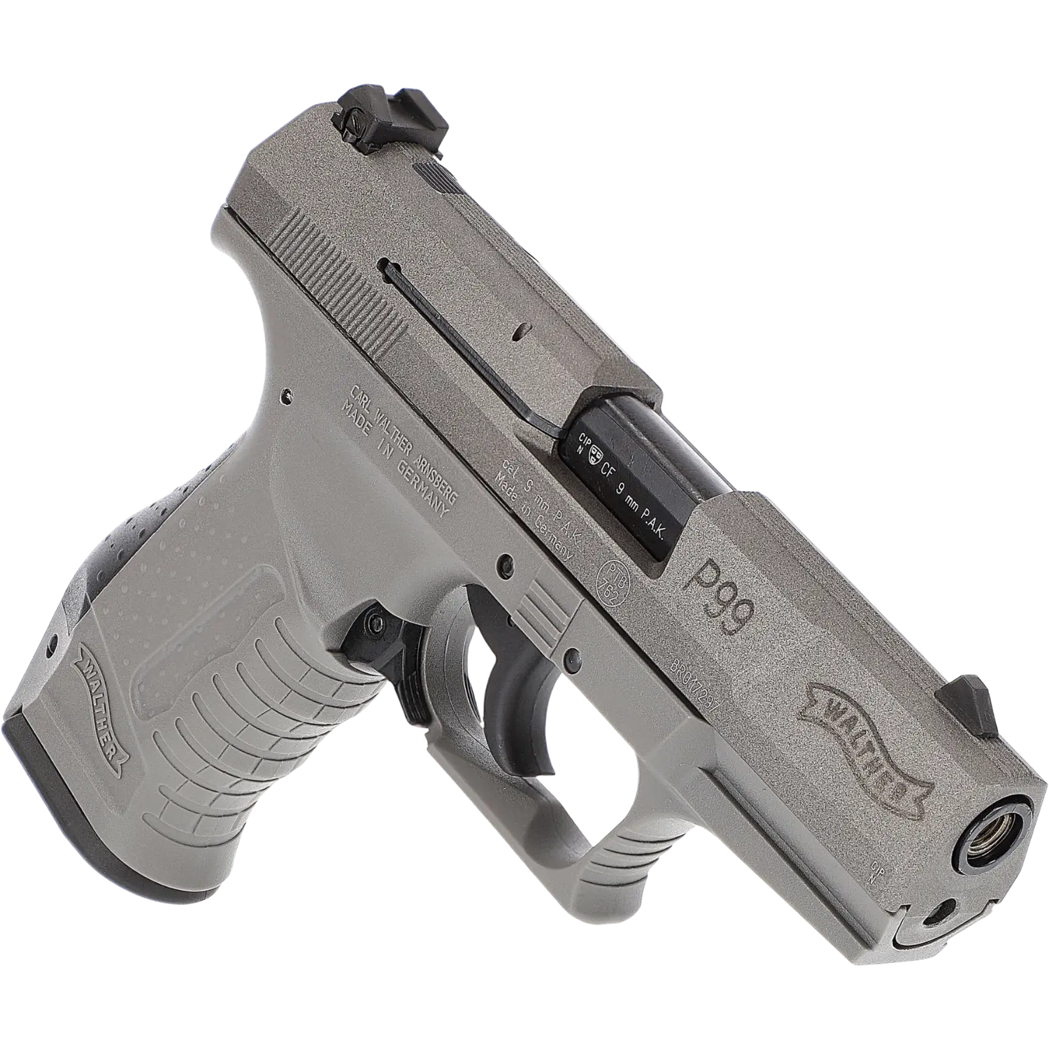 Graue Walther P99 SV Schreckschusswaffe 9mm mit Stahlverschluss, sichtbare Beschriftungen 'P99' und 'Walther'.