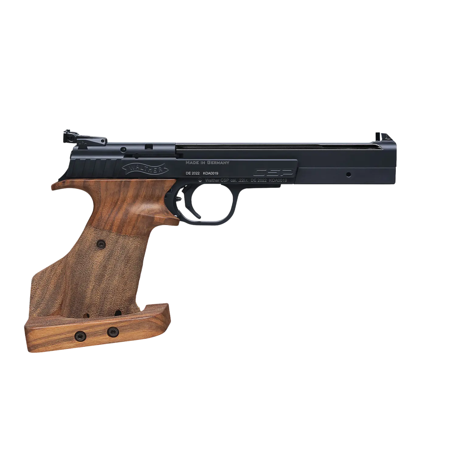 Schwarze Sportpistole von Walther mit Formholzgriffschalen und der Aufschrift CSP