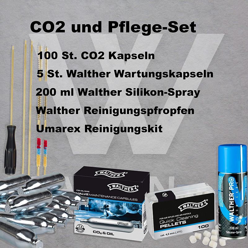 Co2-Set mit 12g Co2 Kapseln, Wartungskapseln Silikonspray und Reinigungspfropfen von Walther mit Umarex Reinigungskit
